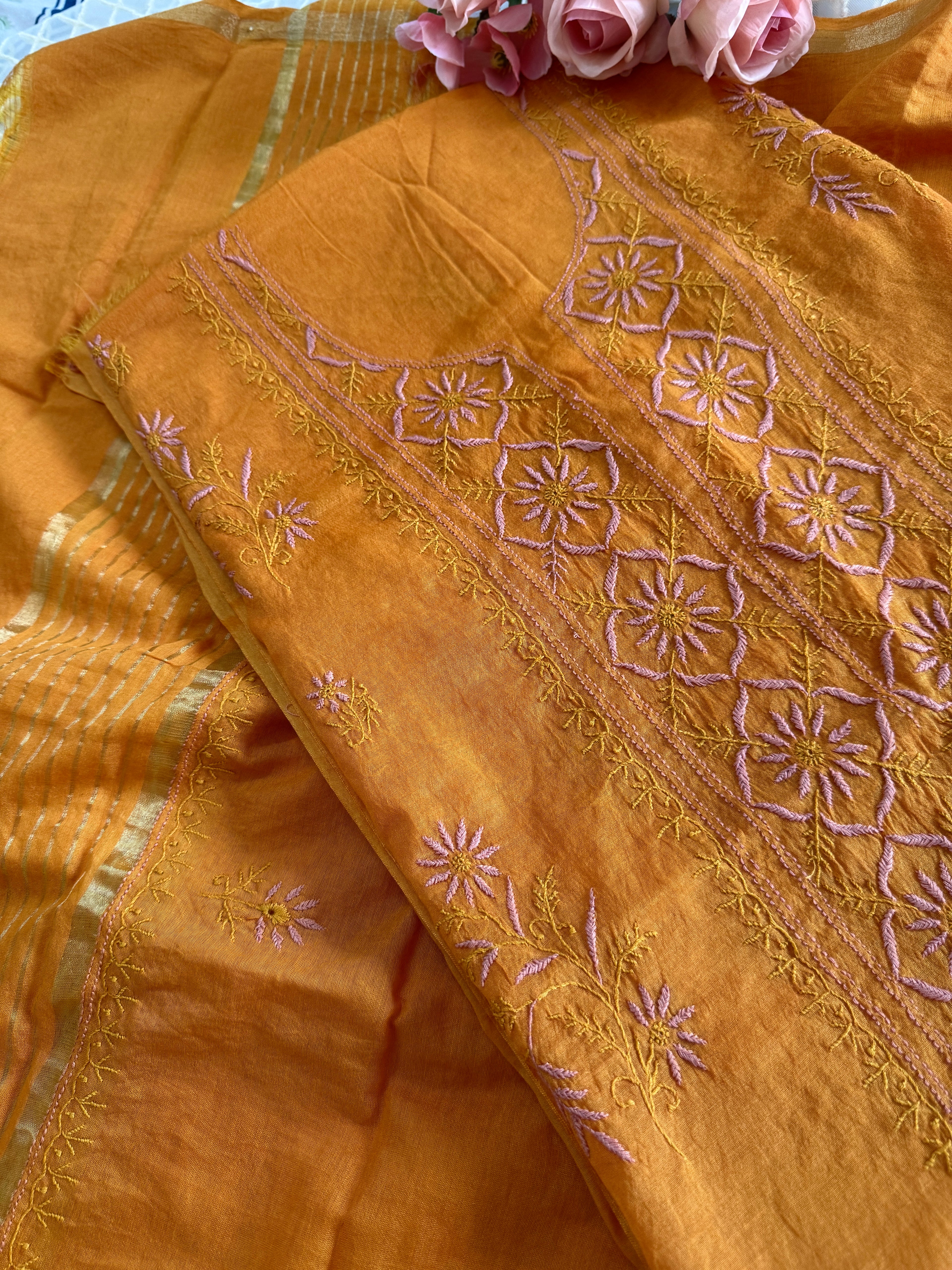Mul Chanderi Unstitched Suit with thread work