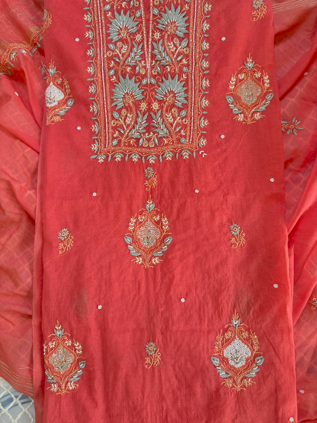 Mul Chanderi Unstitched suit with fine Moti & Cutdana work