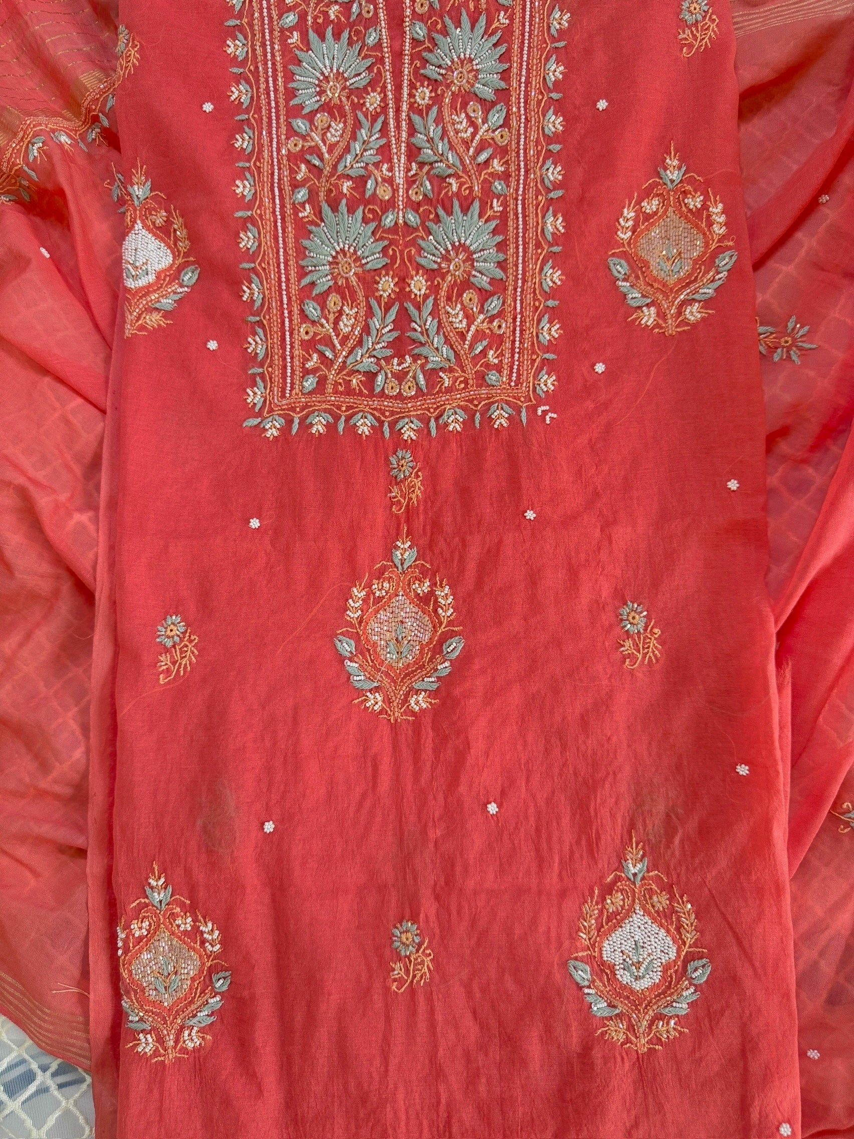 Mul Chanderi Unstitched suit with fine Moti & Cutdana work