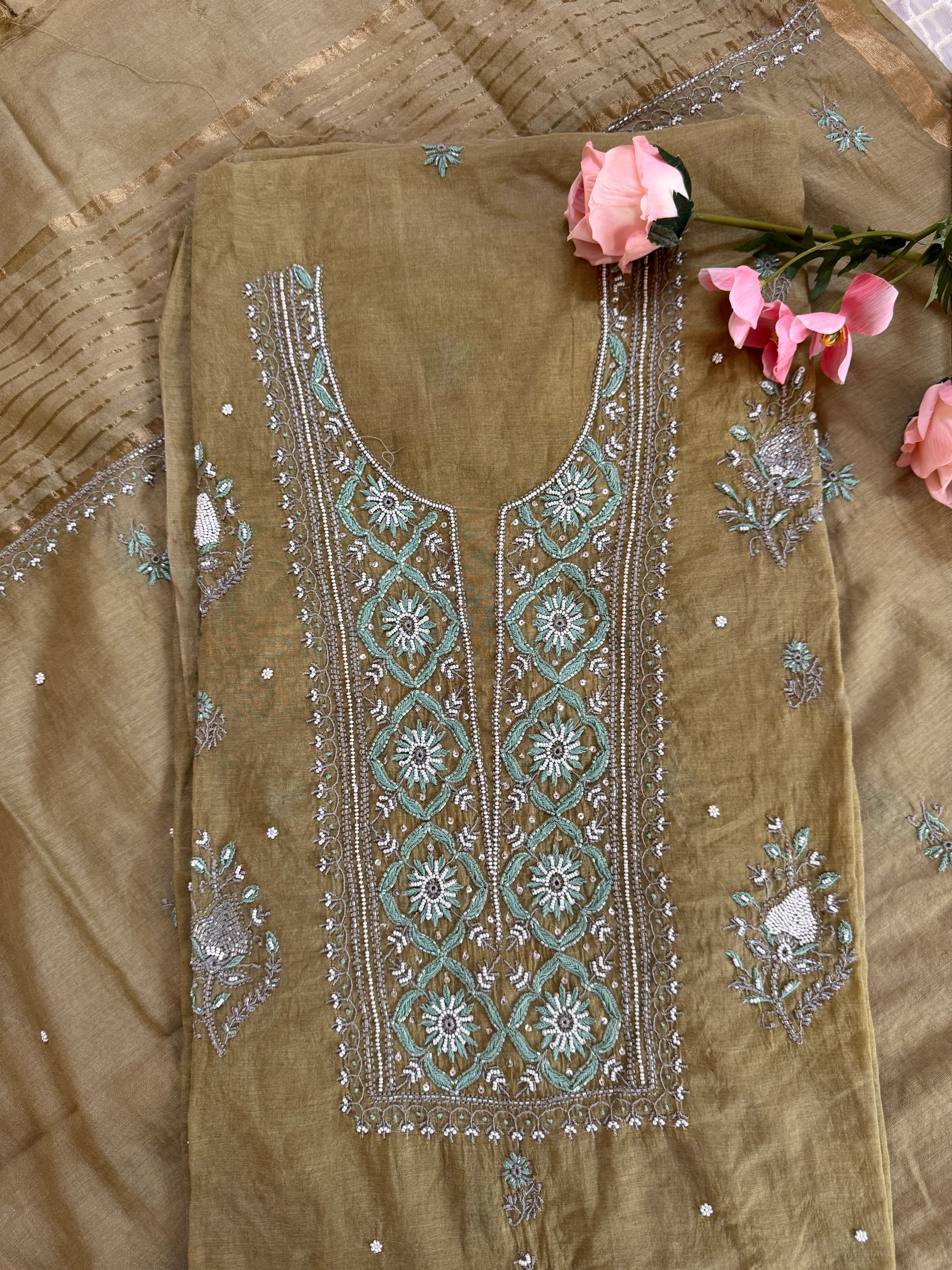 Mul Chanderi Unstitched suit with fine Moti & Cutdana work