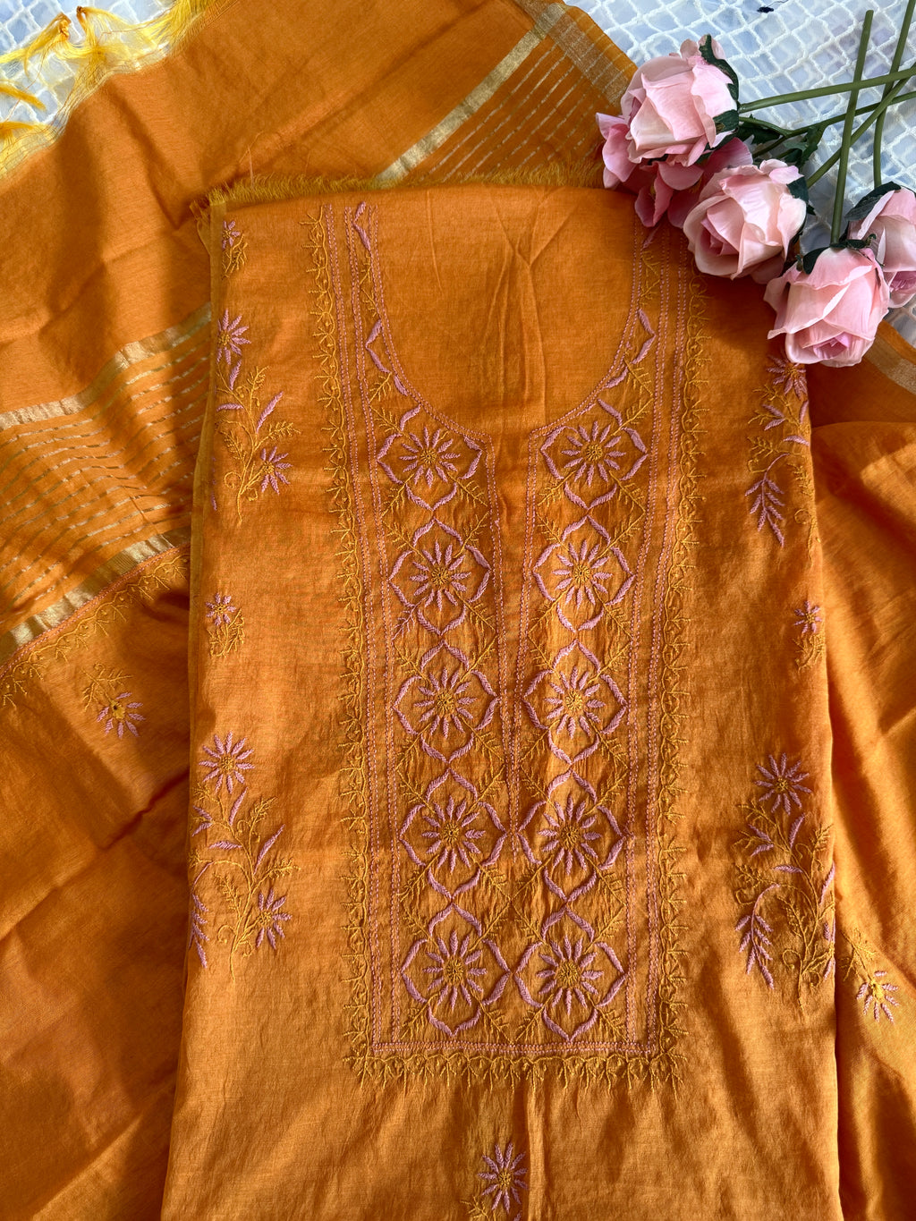 Mul Chanderi Unstitched Suit with thread work