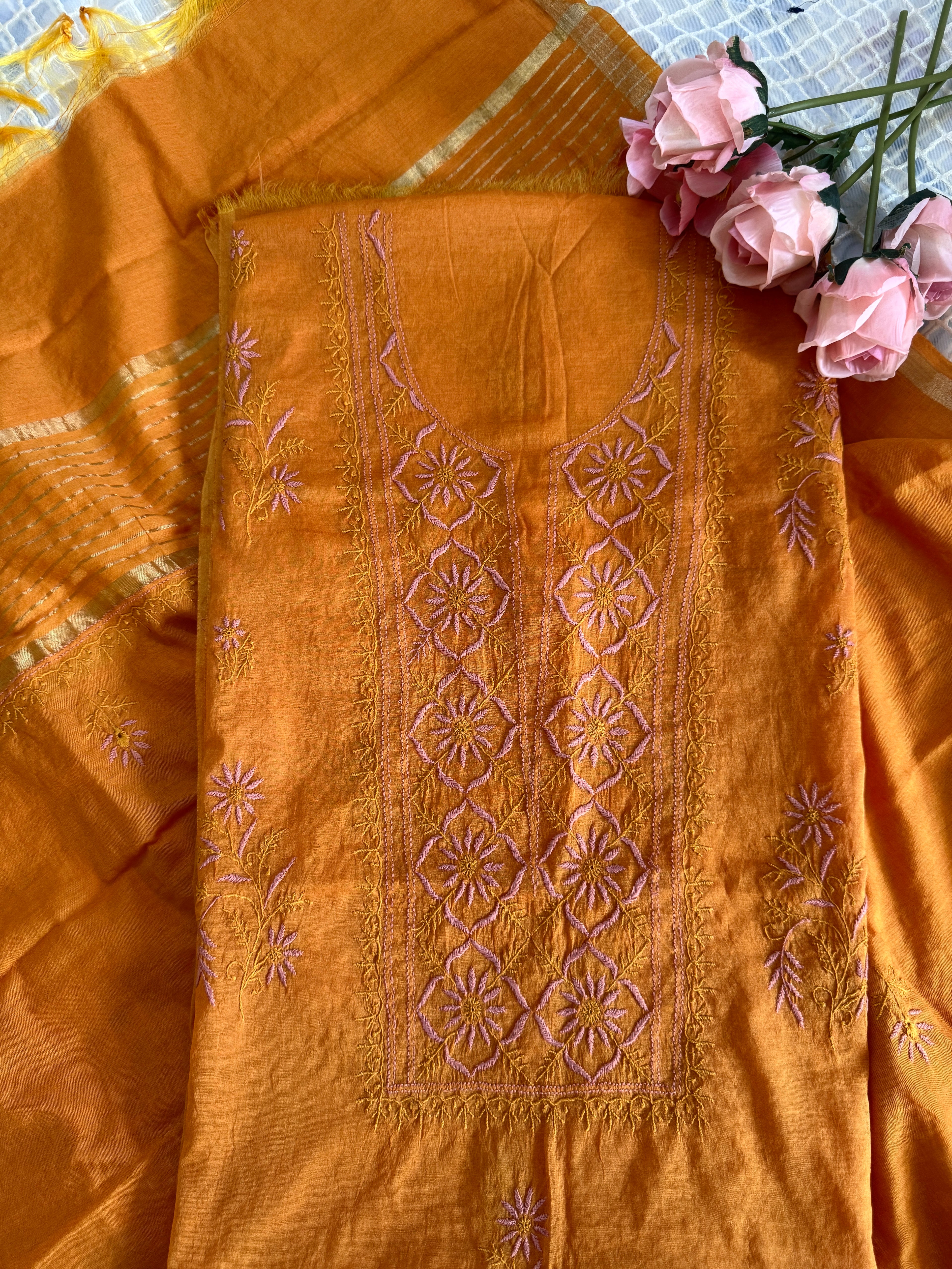 Mul Chanderi Unstitched Suit with thread work