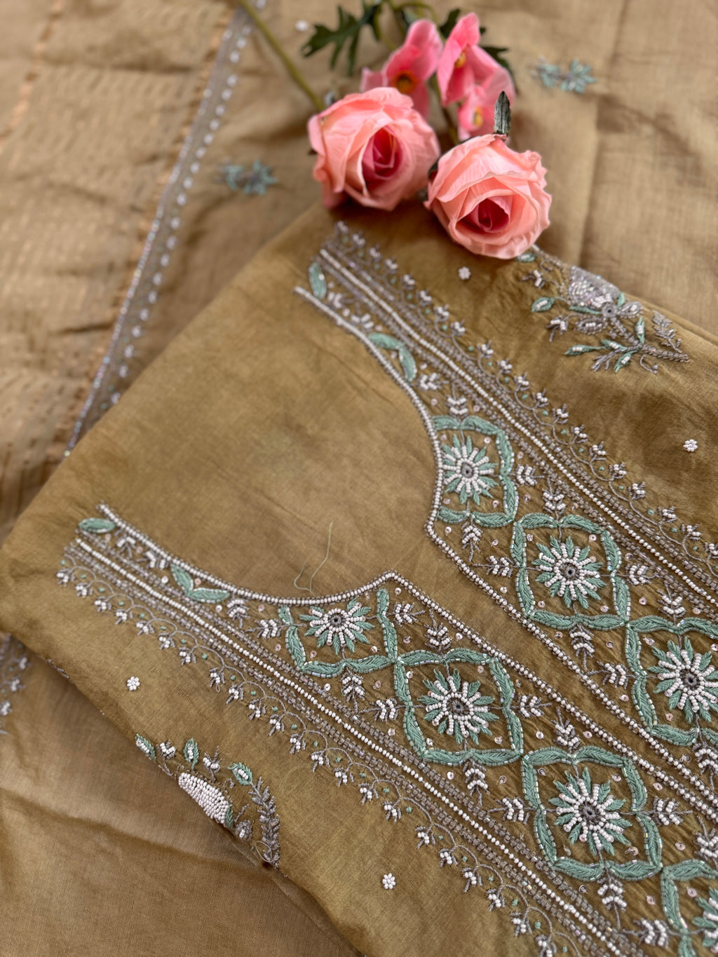 Mul Chanderi Unstitched suit with fine Moti & Cutdana work