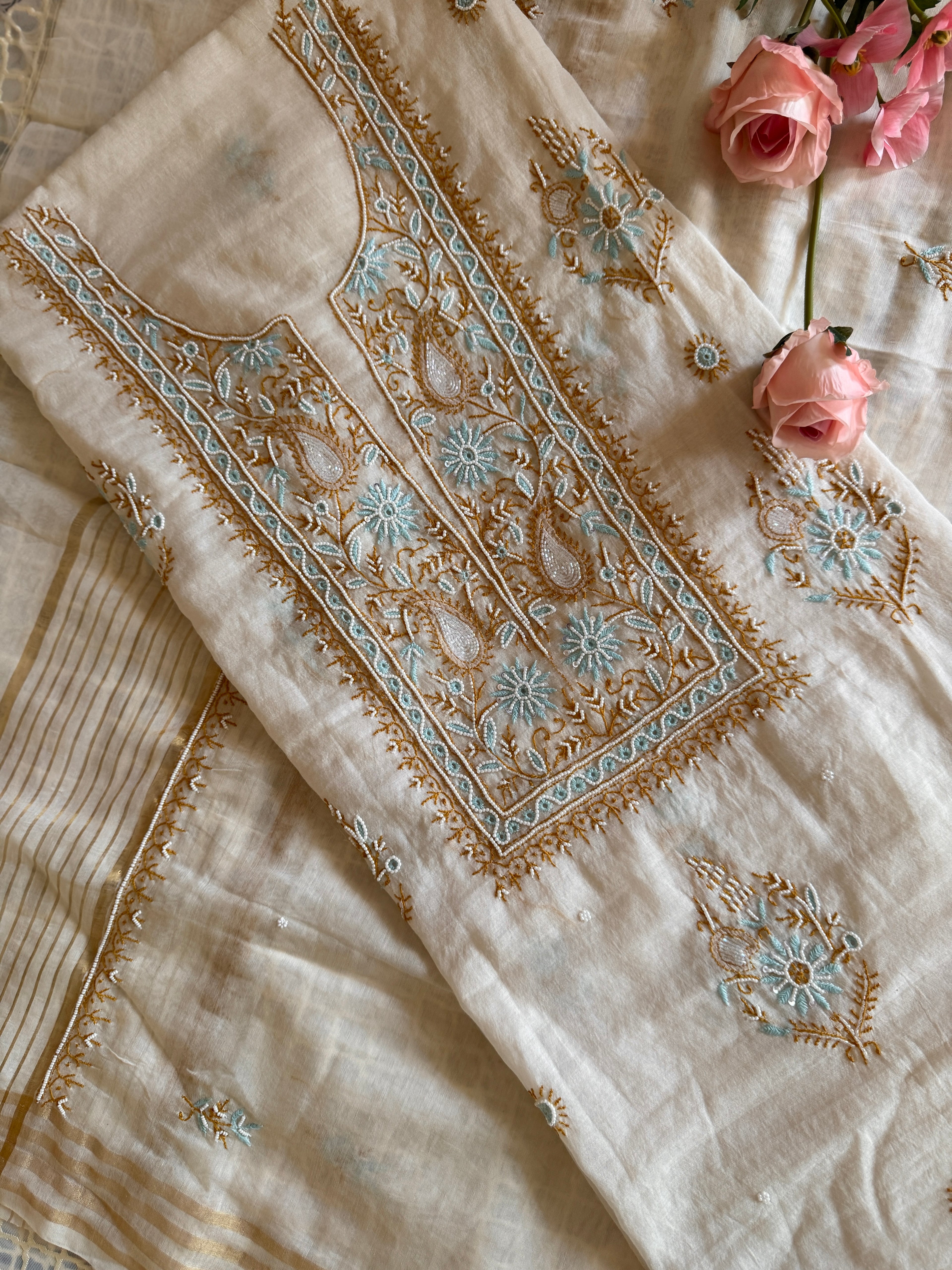 Mul Chanderi Unstitched suit with fine Moti & Cutdana work