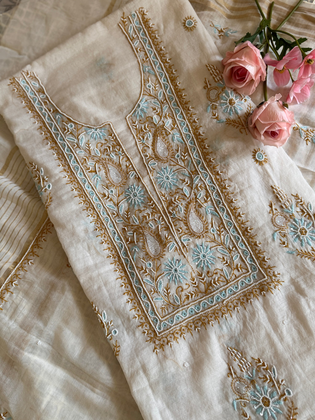 Mul Chanderi Unstitched suit with fine Moti & Cutdana work