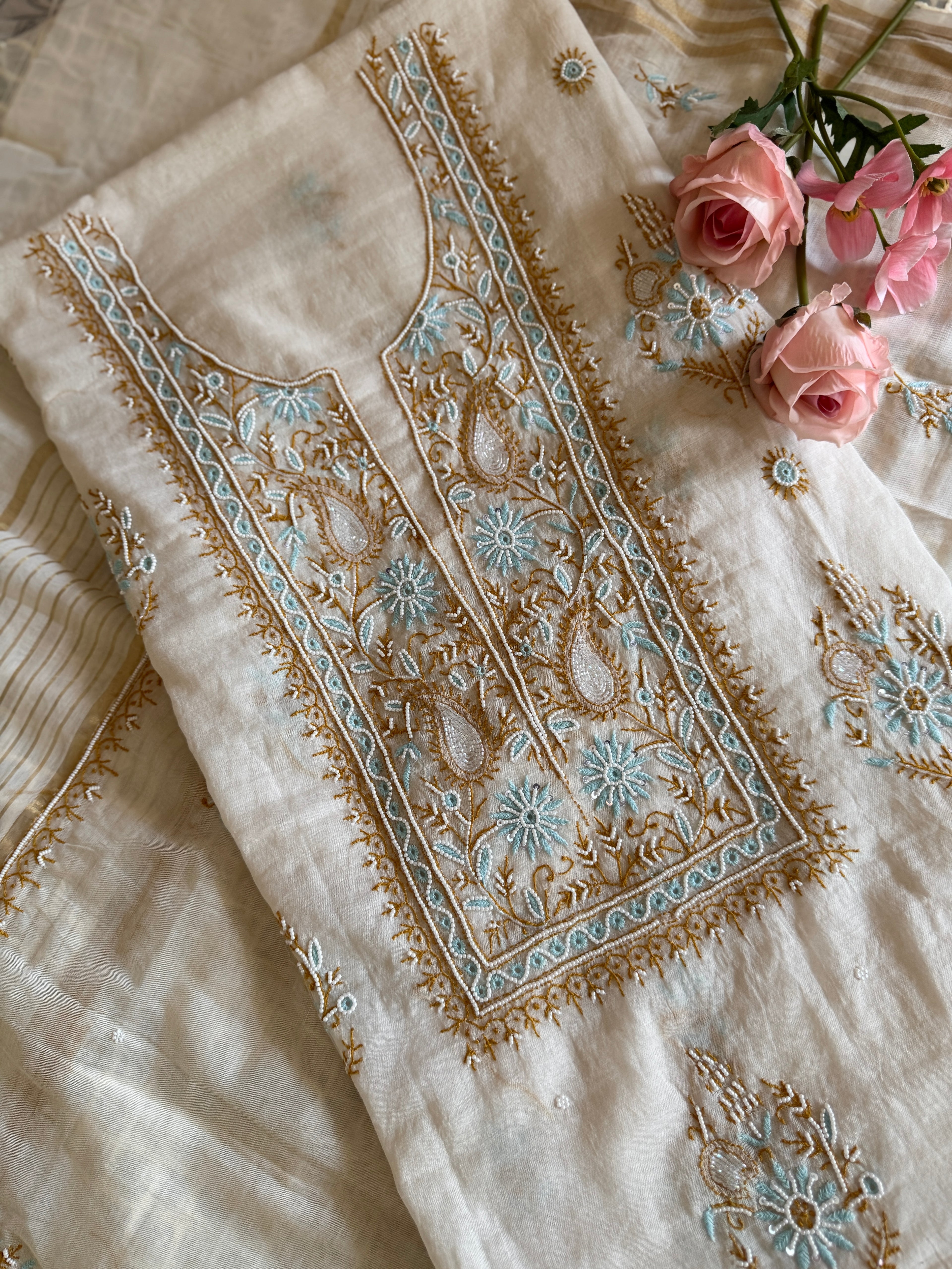 Mul Chanderi Unstitched suit with fine Moti & Cutdana work