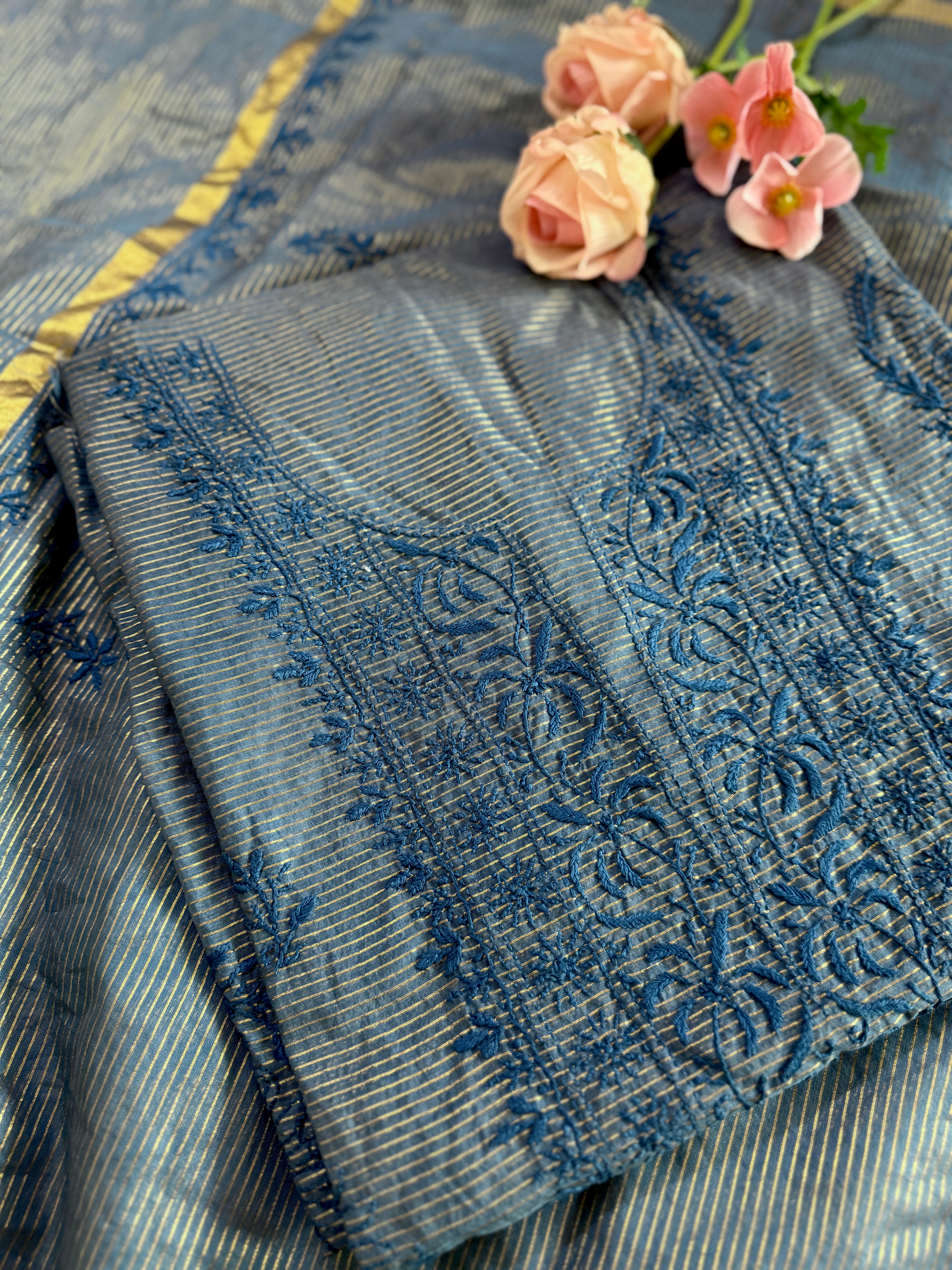 Mul Chanderi Unstitched Suit with thread work