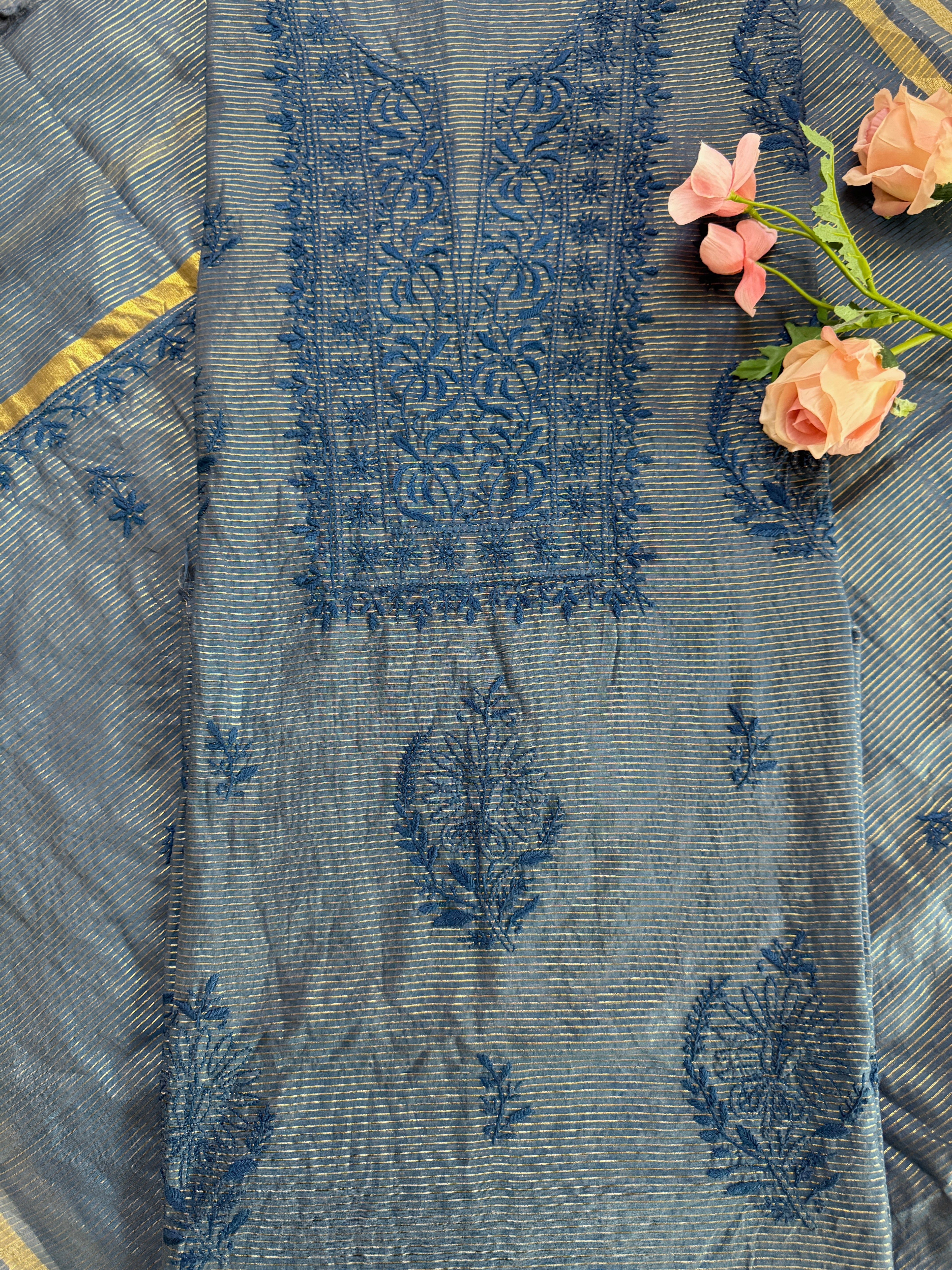 Mul Chanderi Unstitched Suit with thread work