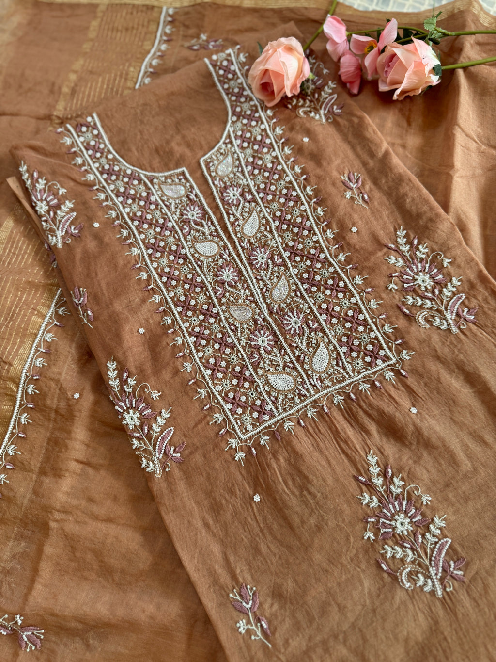 Mul Chanderi Unstitched suit with fine Moti & Cutdana work