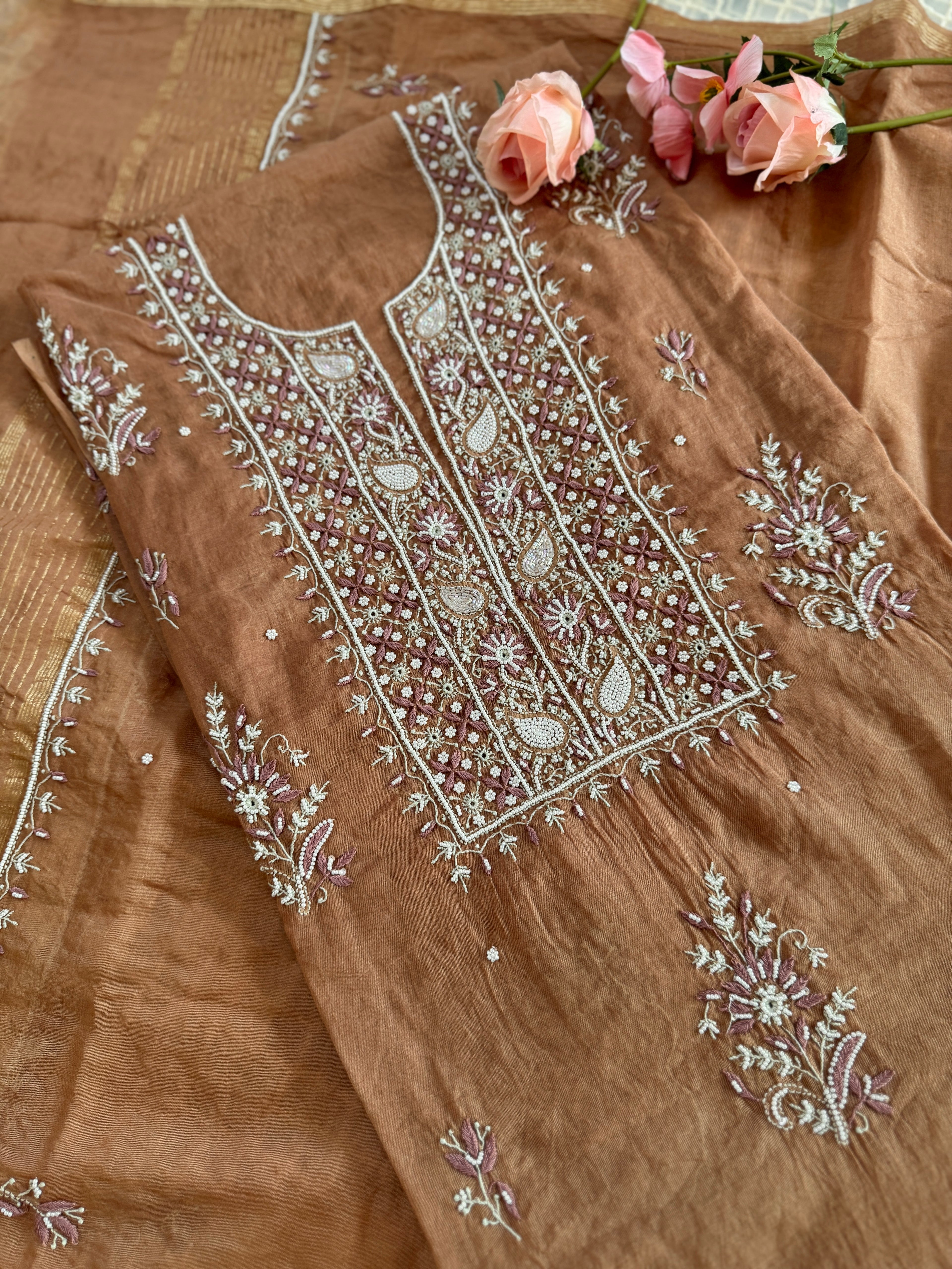 Mul Chanderi Unstitched suit with fine Moti & Cutdana work