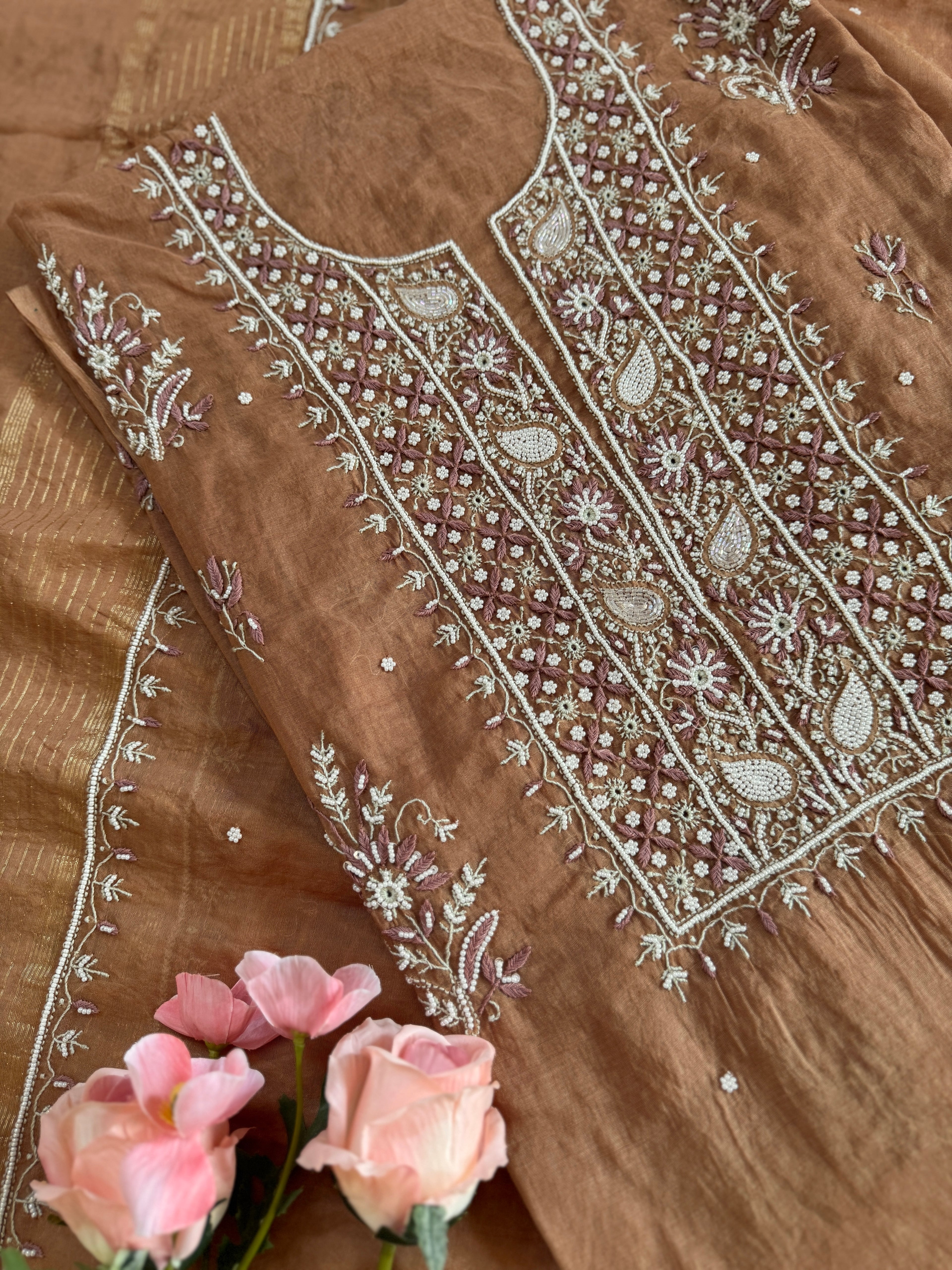 Mul Chanderi Unstitched suit with fine Moti & Cutdana work