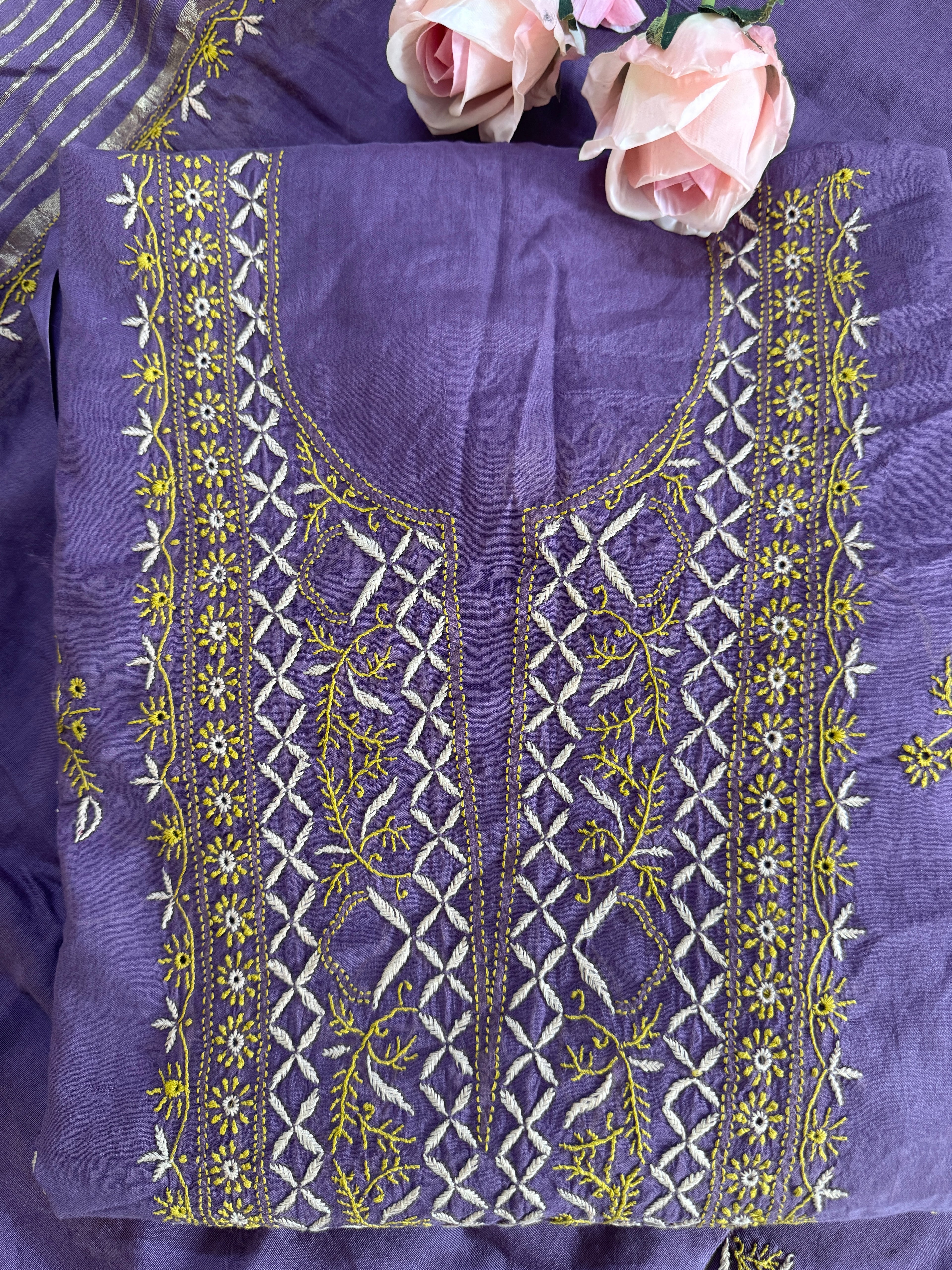 Mul Chanderi Unstitched Suit with thread work