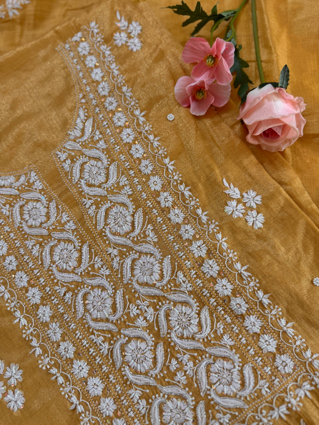 Tissue silk unstitched suit with Moti embellishments