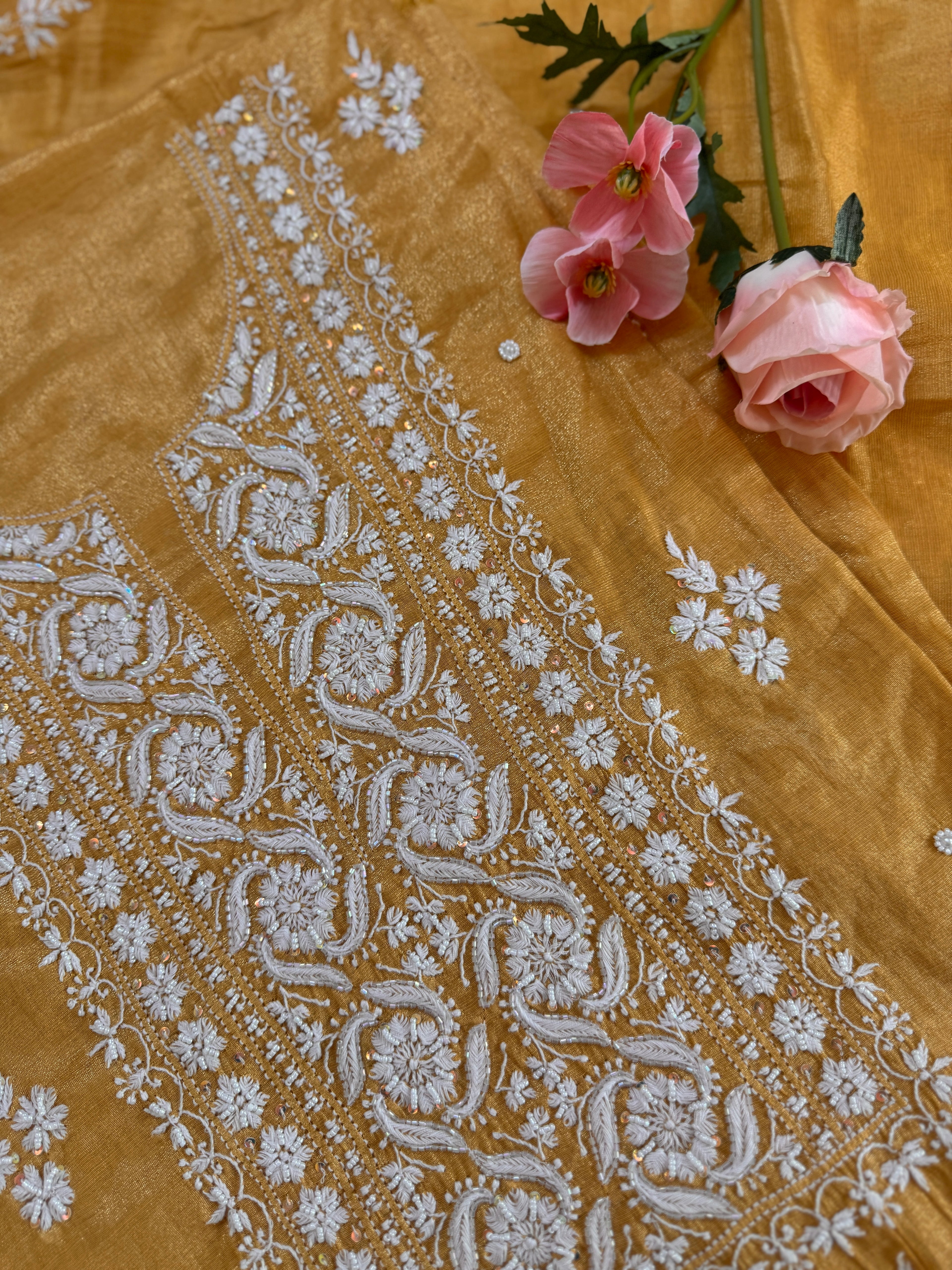 Tissue silk unstitched suit with Moti embellishments