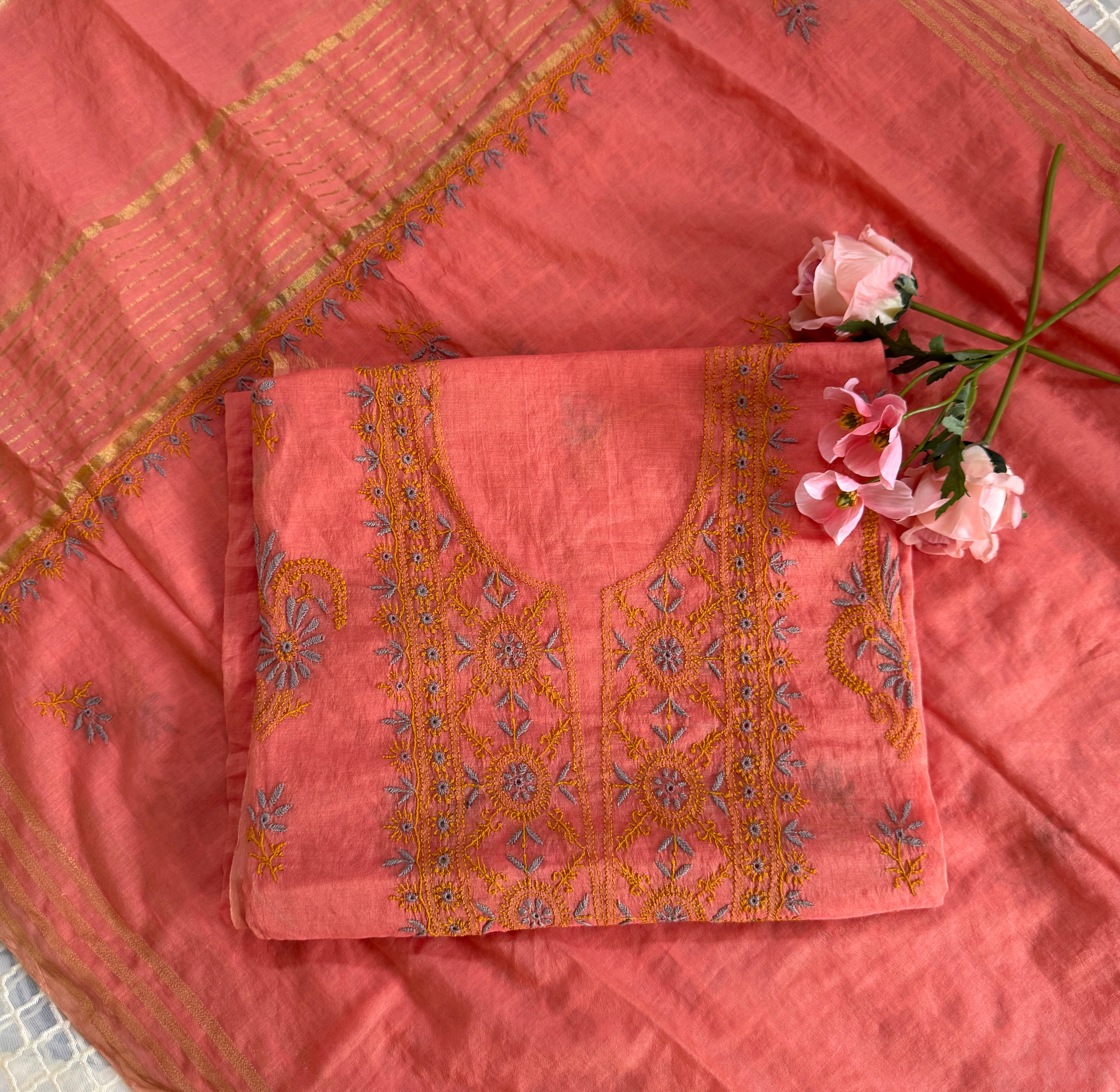 Mul Chanderi Unstitched Suit with thread work