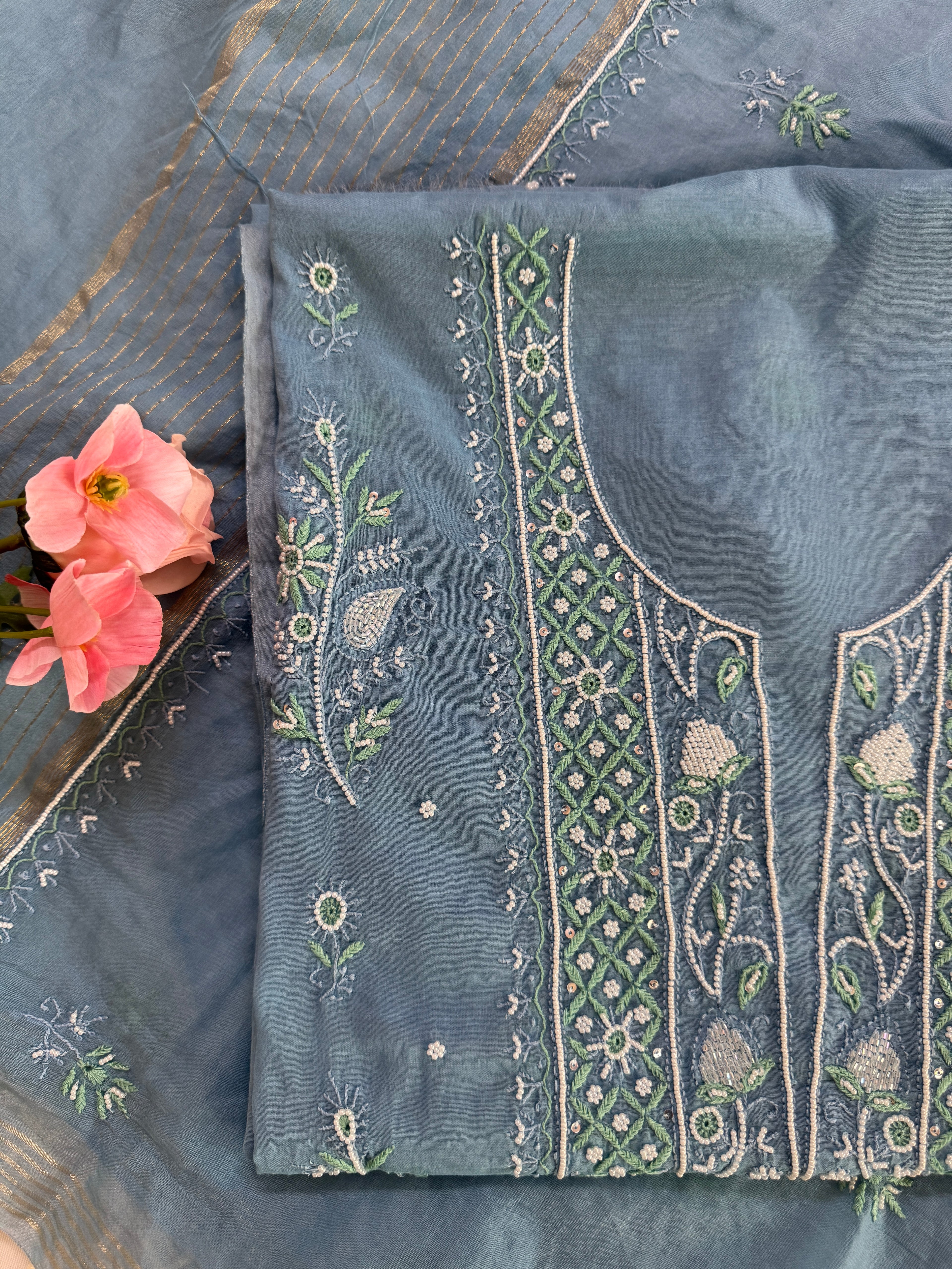 Mul Chanderi Unstitched suit with fine Moti & Cutdana work