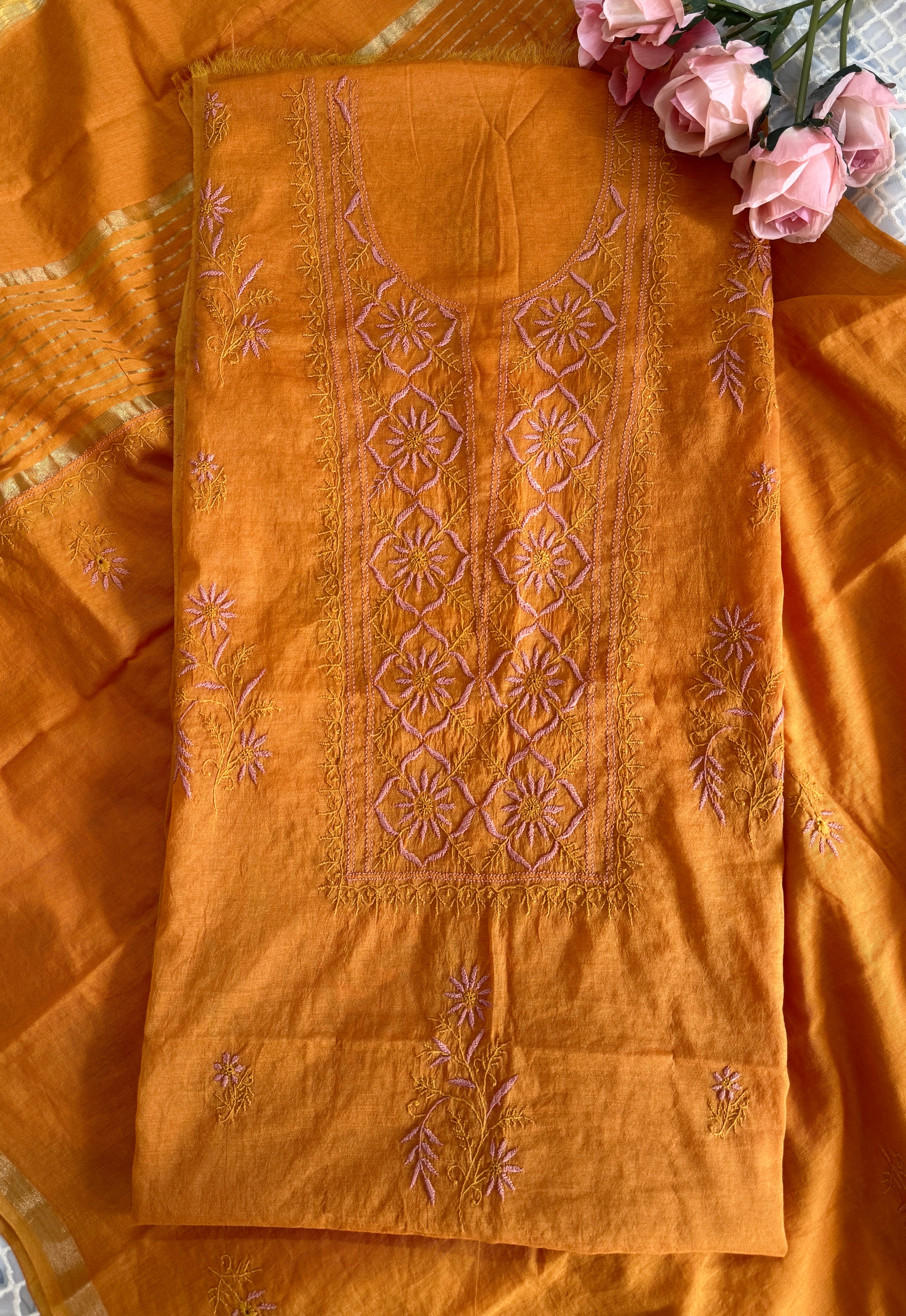 Mul Chanderi Unstitched Suit with thread work