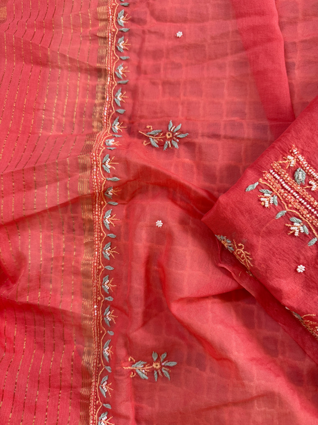 Mul Chanderi Unstitched suit with fine Moti & Cutdana work