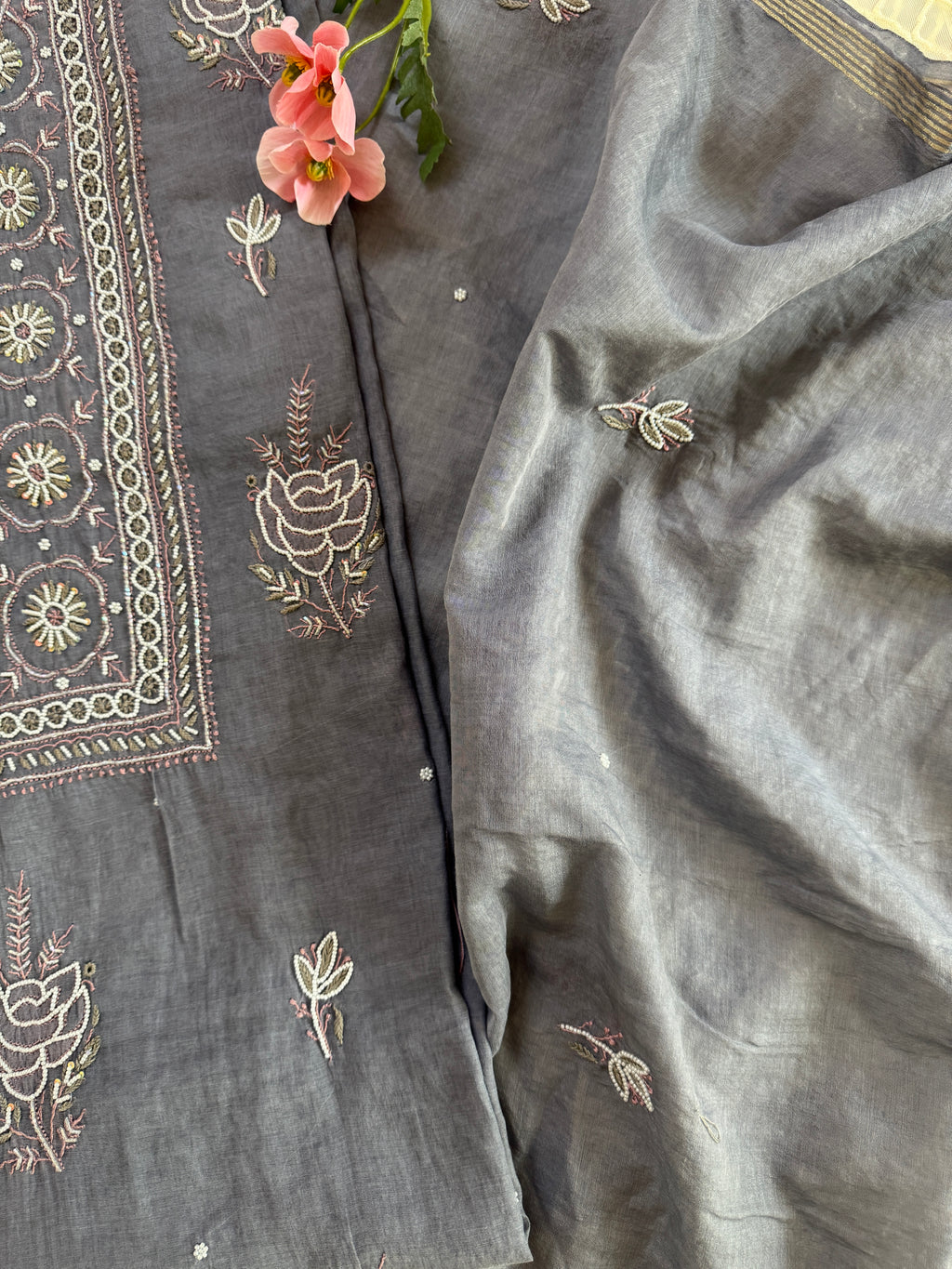 Mul Chanderi Unstitched suit with fine Moti & Cutdana work