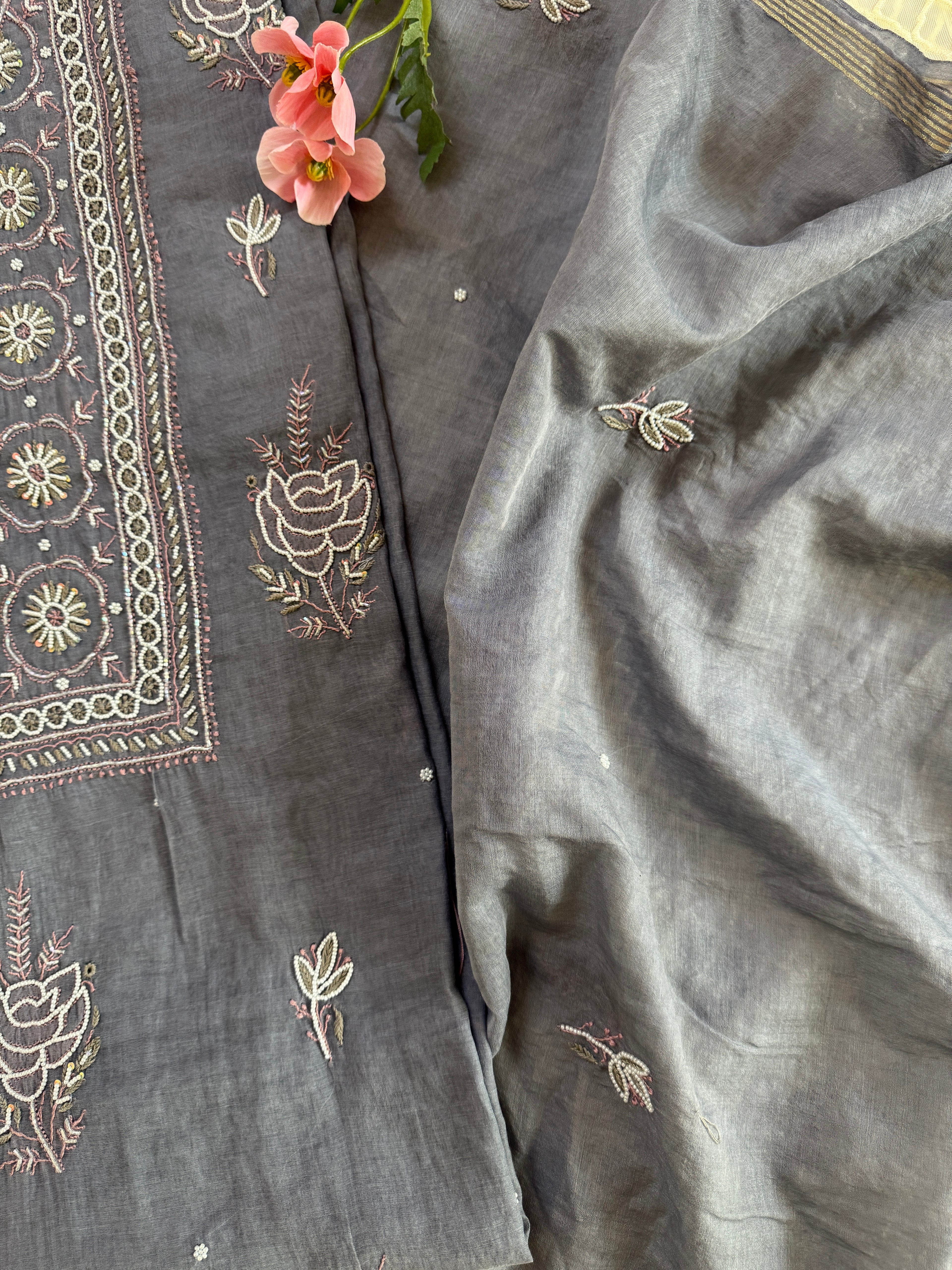 Mul Chanderi Unstitched suit with fine Moti & Cutdana work