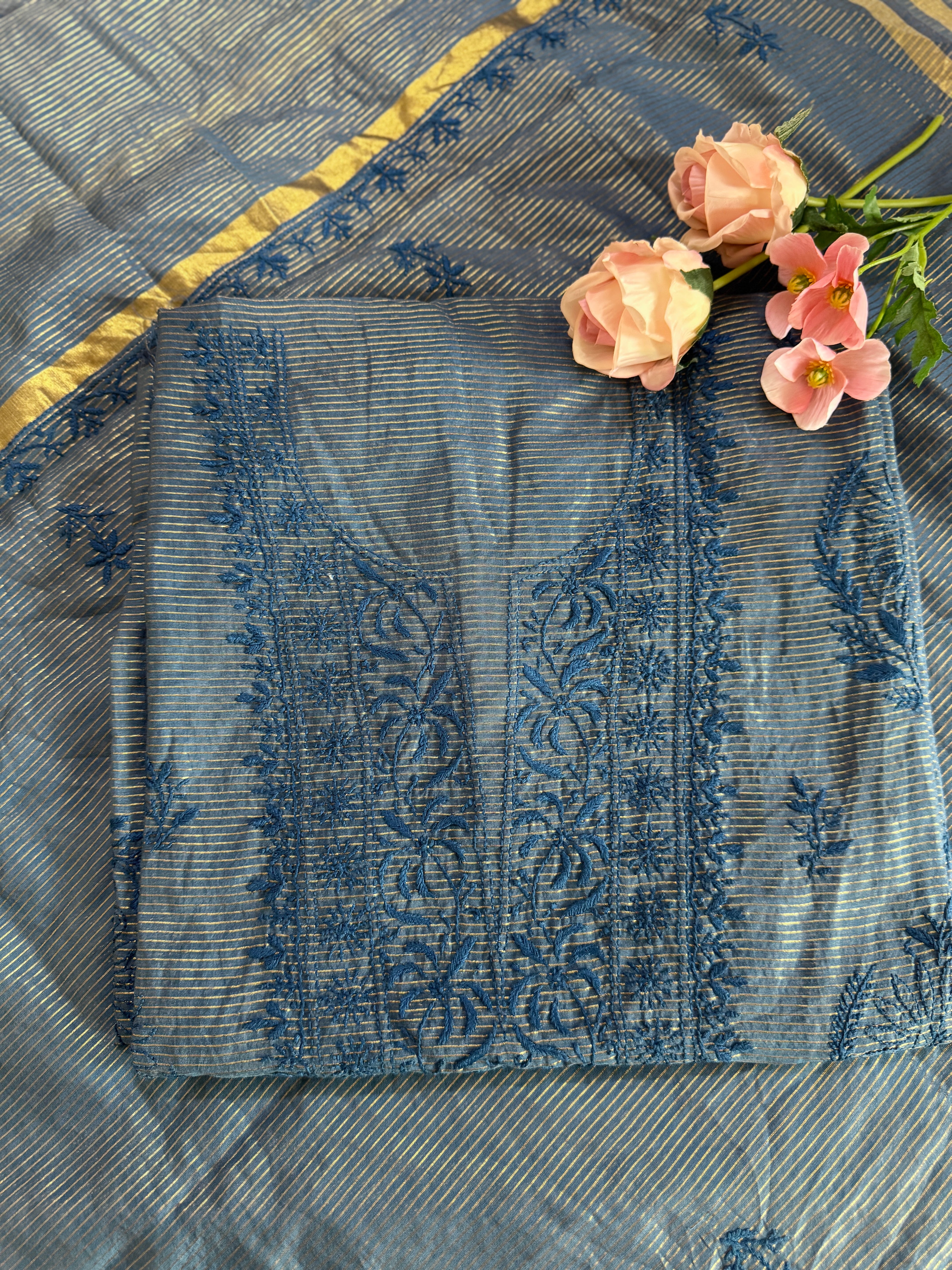 Mul Chanderi Unstitched Suit with thread work
