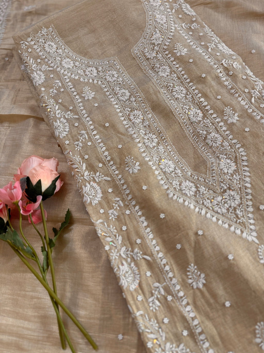 Tissue Silk Unstitched Suit with Moti embellishment