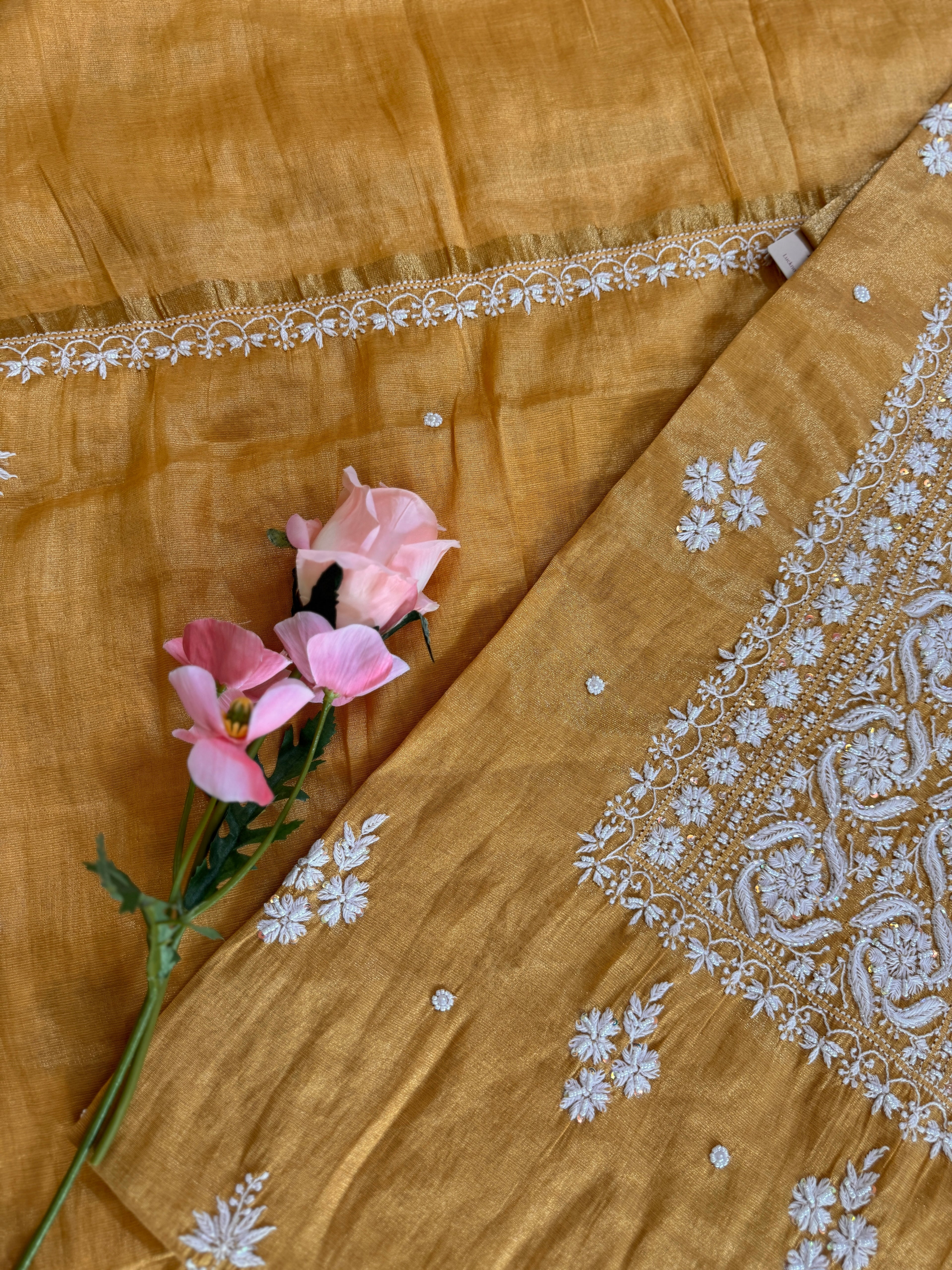 Tissue silk unstitched suit with Moti embellishments