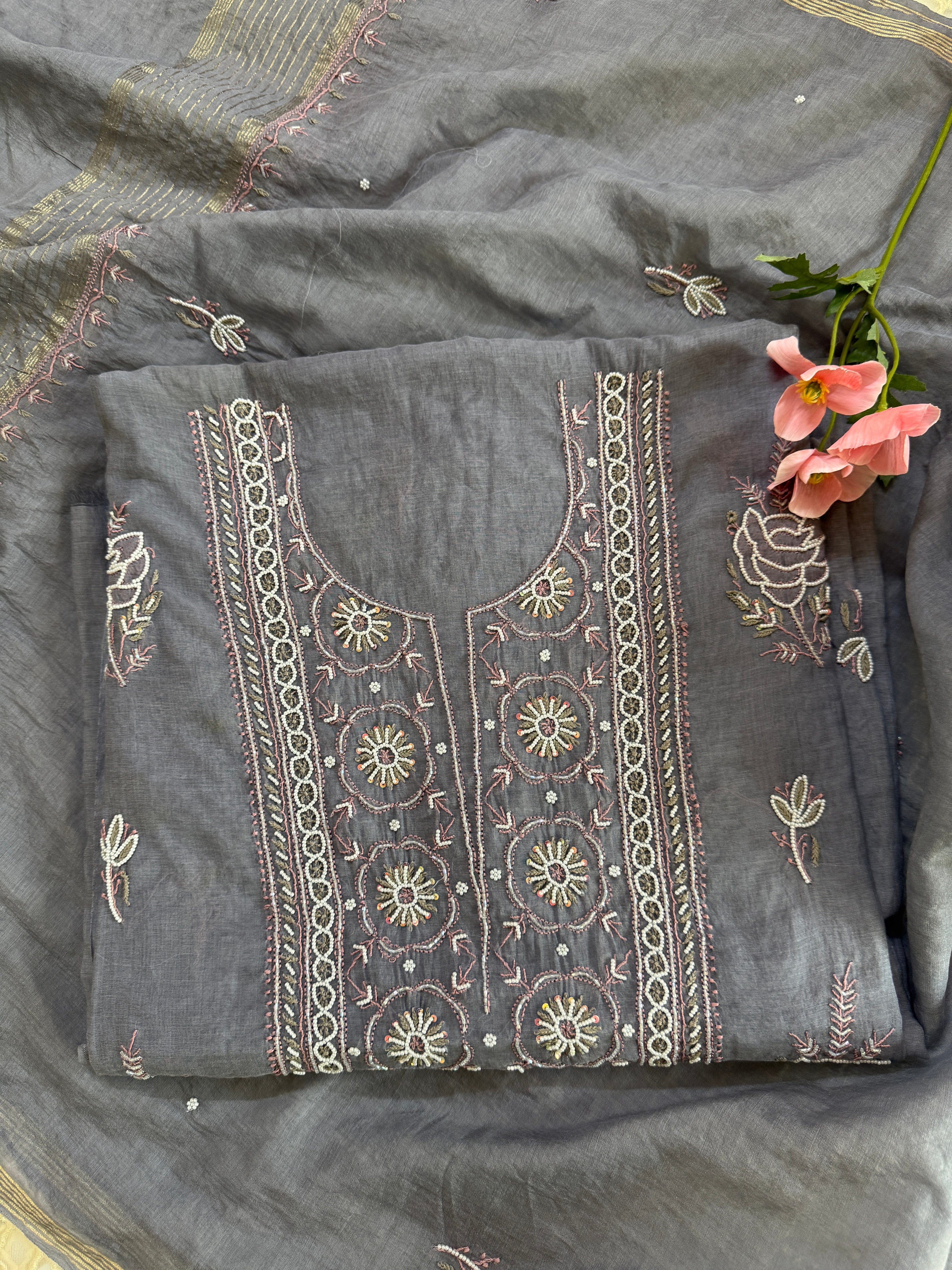 Mul Chanderi Unstitched suit with fine Moti & Cutdana work