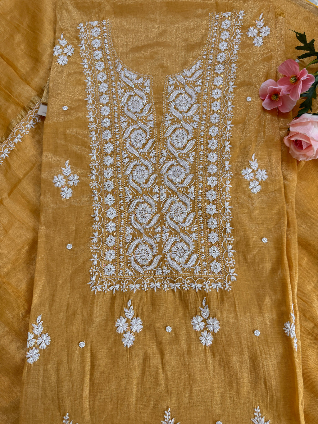 Tissue silk unstitched suit with Moti embellishments