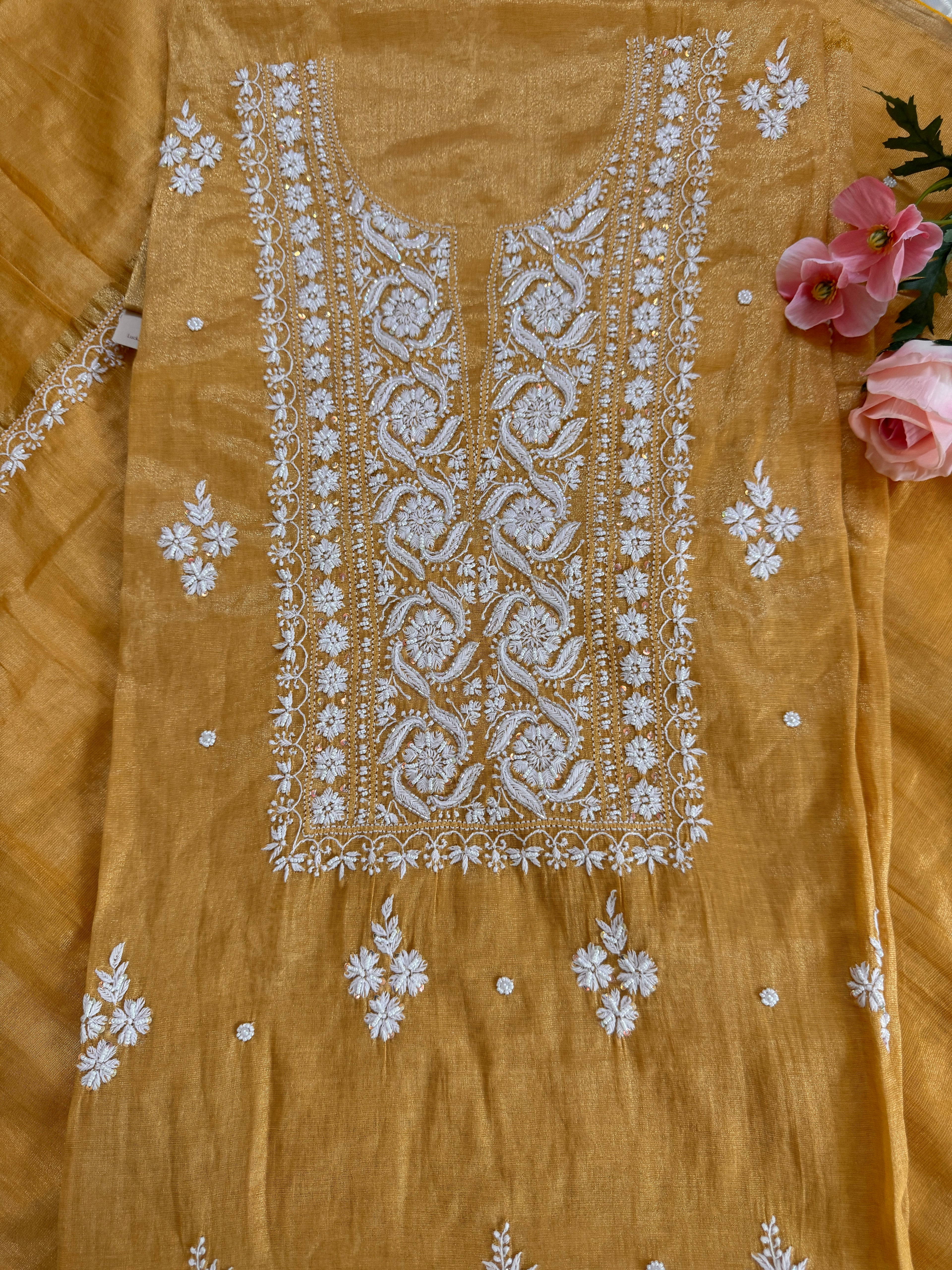 Tissue silk unstitched suit with Moti embellishments