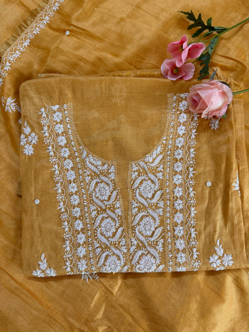 Tissue silk unstitched suit with Moti embellishments