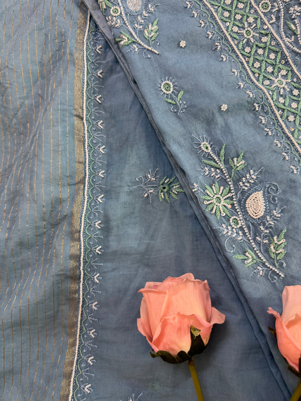 Mul Chanderi Unstitched suit with fine Moti & Cutdana work