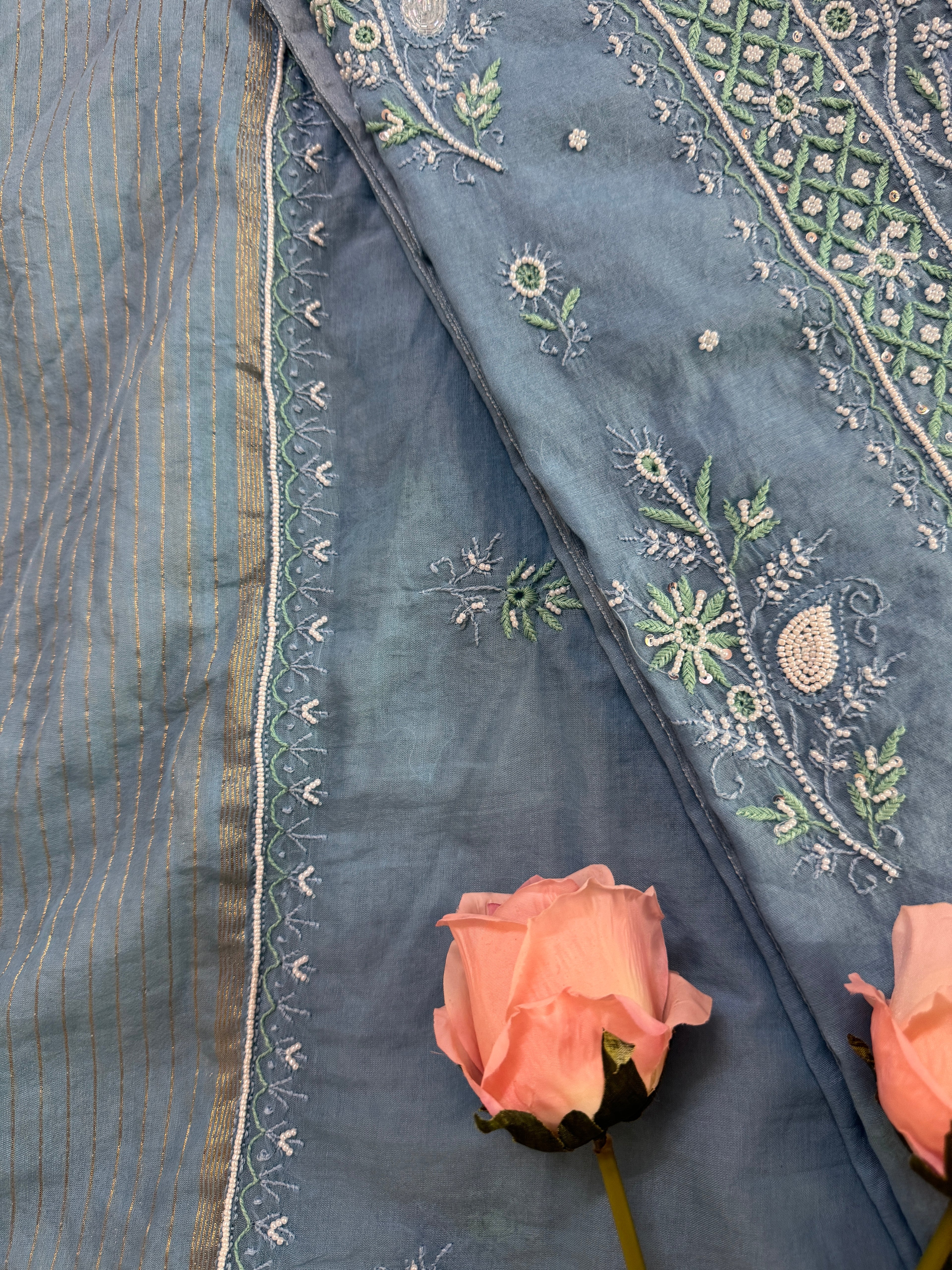 Mul Chanderi Unstitched suit with fine Moti & Cutdana work