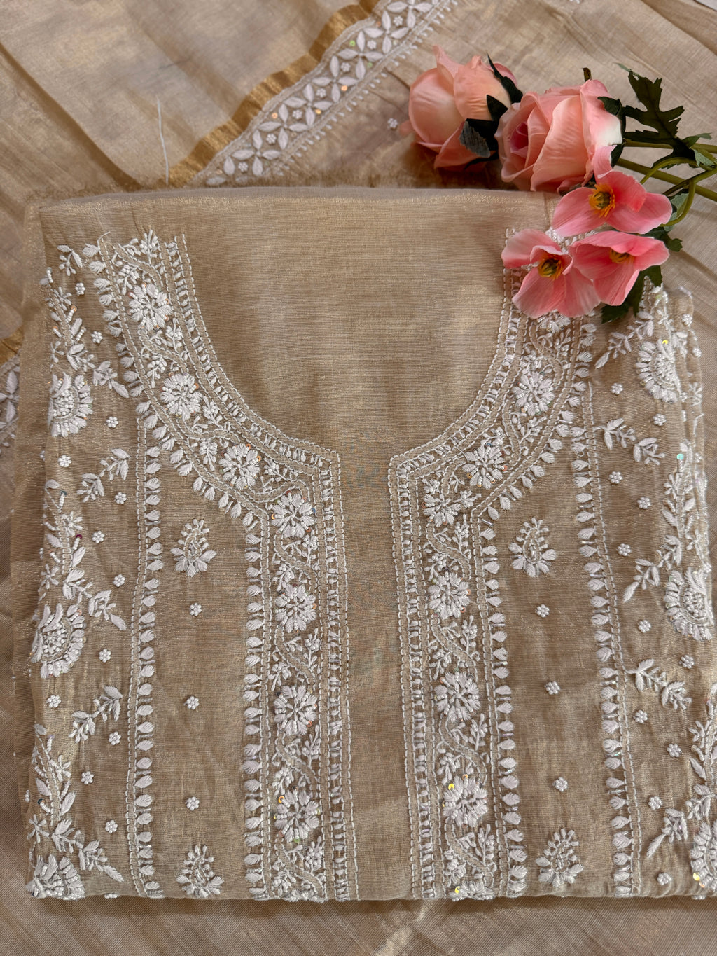 Tissue Silk Unstitched Suit with Moti embellishment
