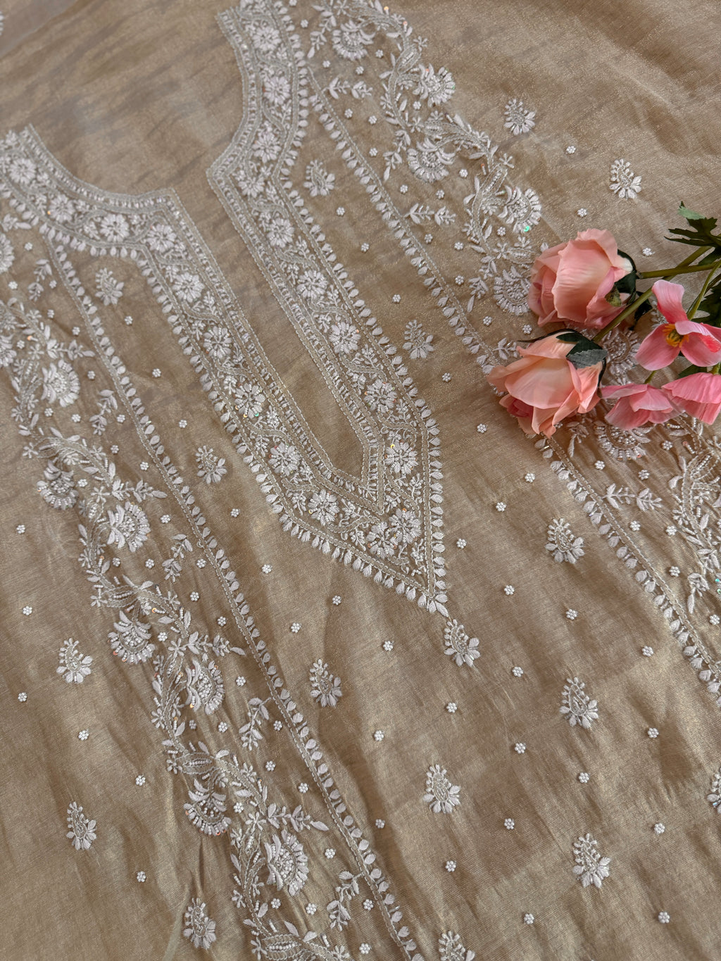 Tissue Silk Unstitched Suit with Moti embellishment