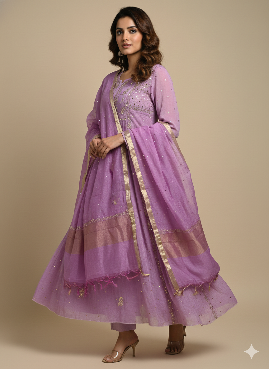 Pure Mul Chanderi Gown with Badla work