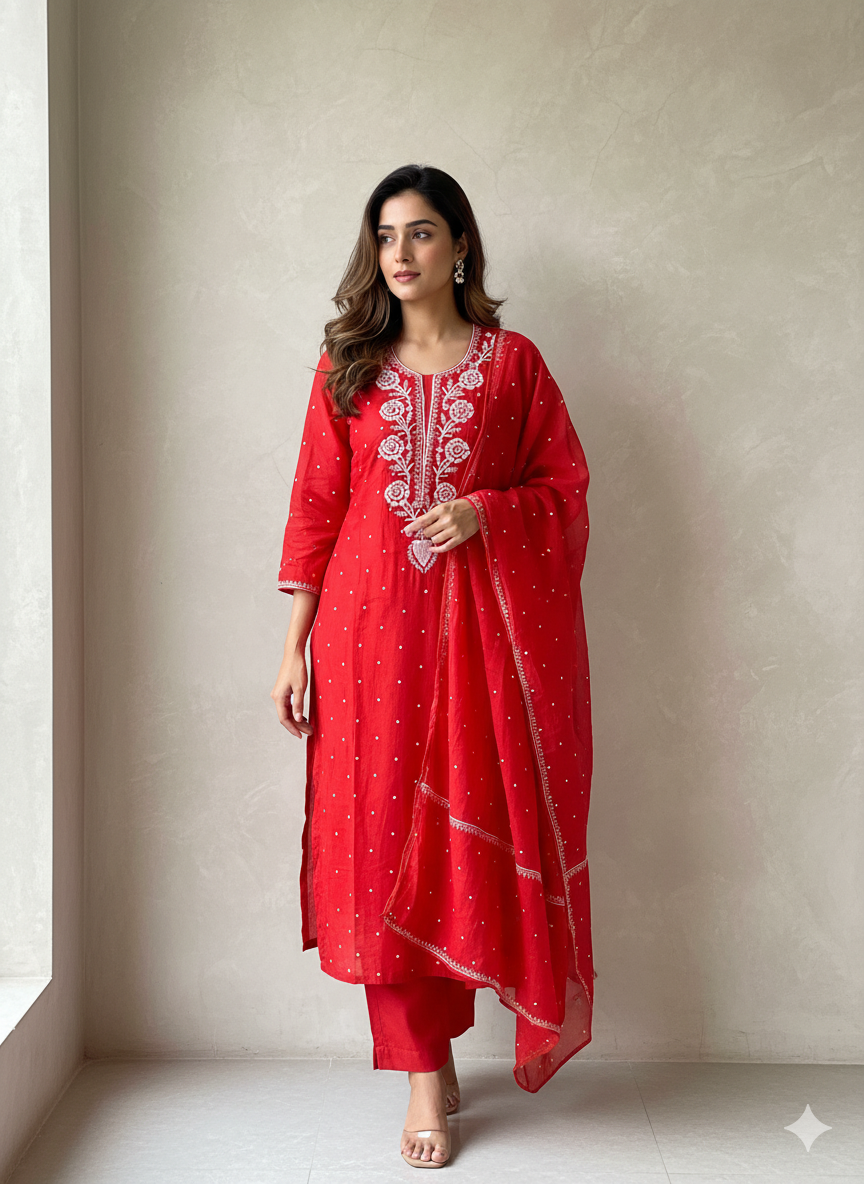 Mul Chanderi suit with fine Moti & Cutdana work