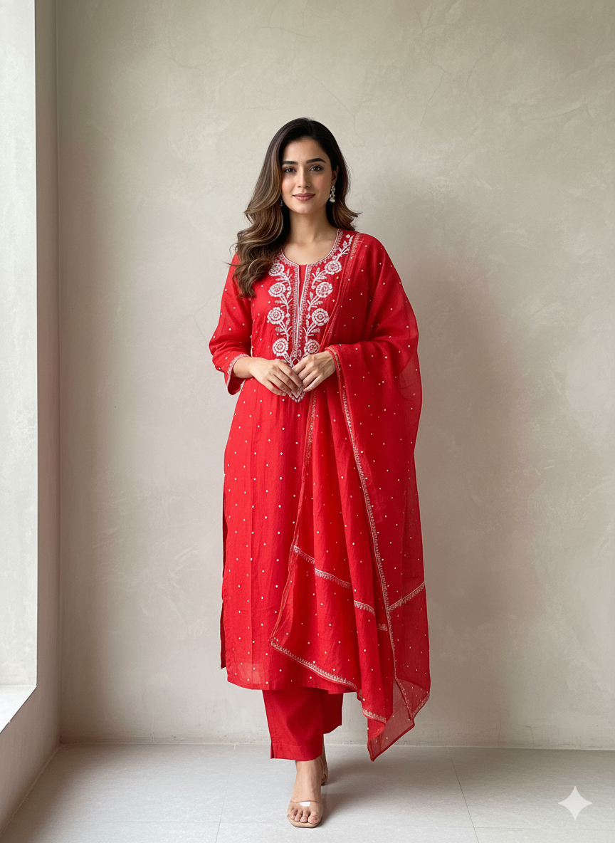 Mul Chanderi suit with fine Moti & Cutdana work