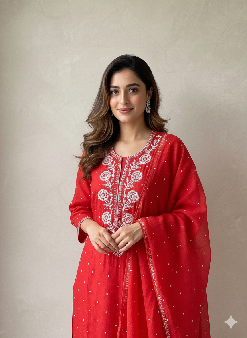 Mul Chanderi suit with fine Moti & Cutdana work