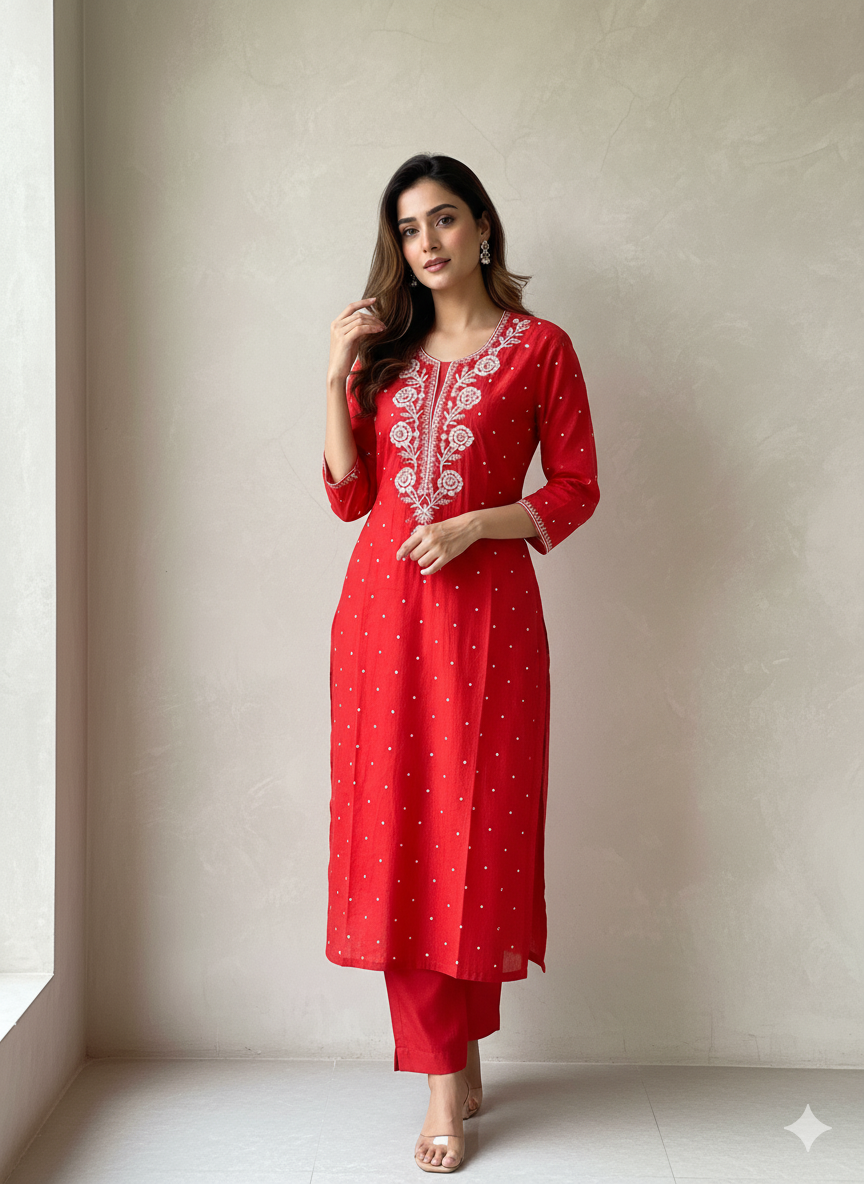 Mul Chanderi suit with fine Moti & Cutdana work