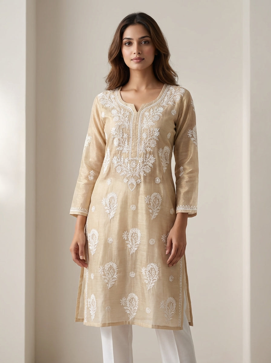 Tissue Straight Kurta with Hand embroidery