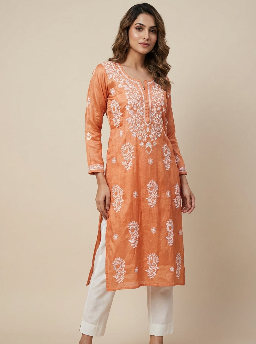 Tissue Straight Kurta with Hand embroidery