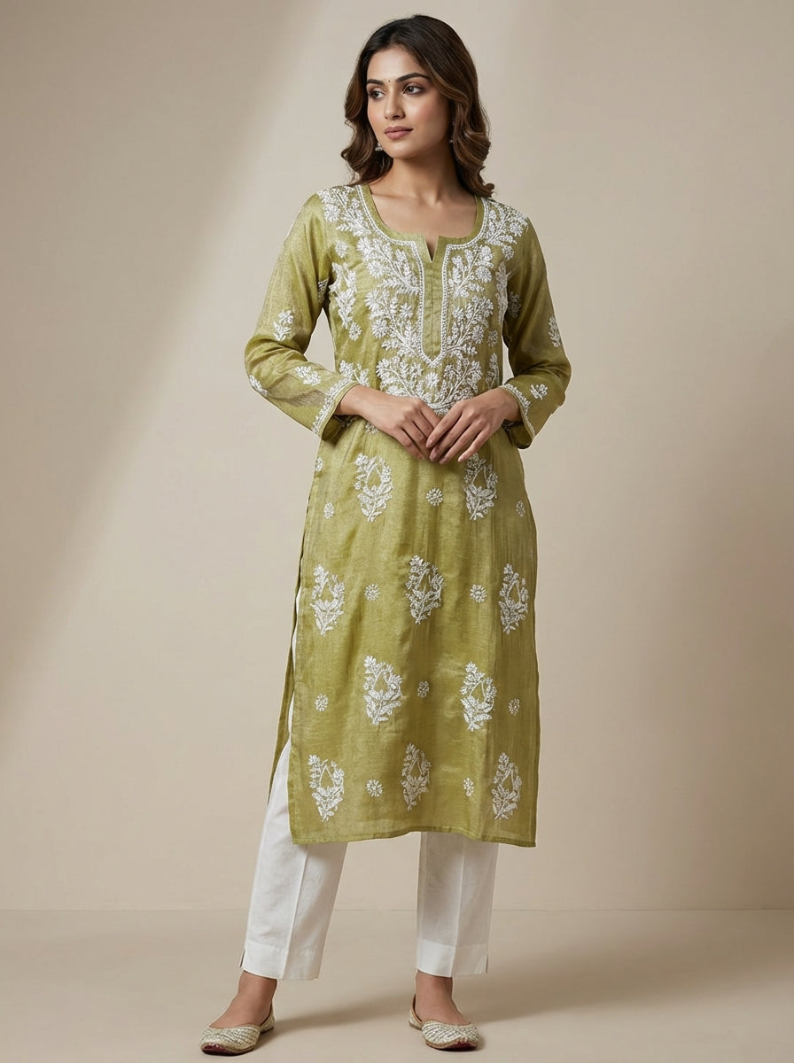Tissue Straight Kurta with Hand embroidery