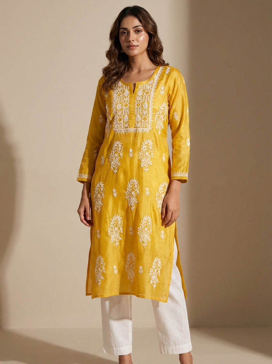 Tissue Straight Kurta with Hand embroidery