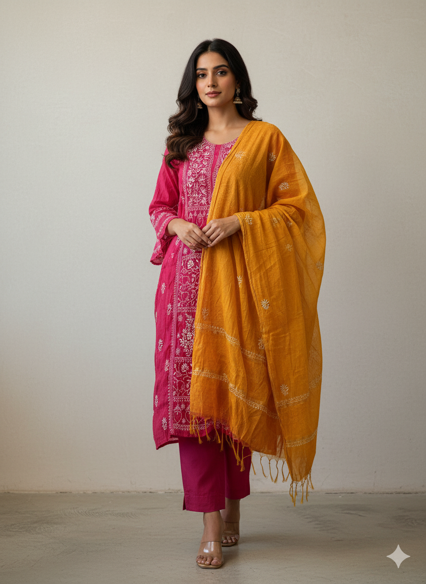 Pure Mal Chanderi Contrast Dupatta set
