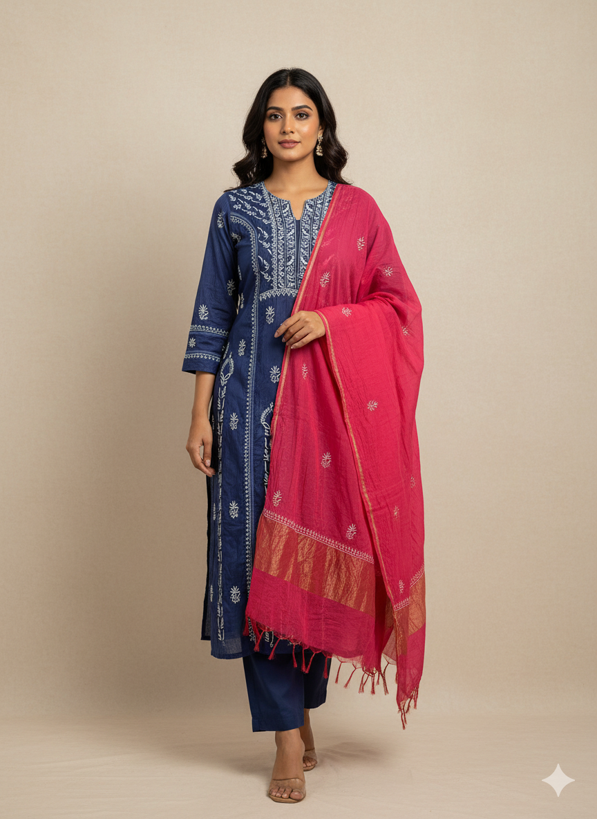 Pure Mal Chanderi Contrast Dupatta set