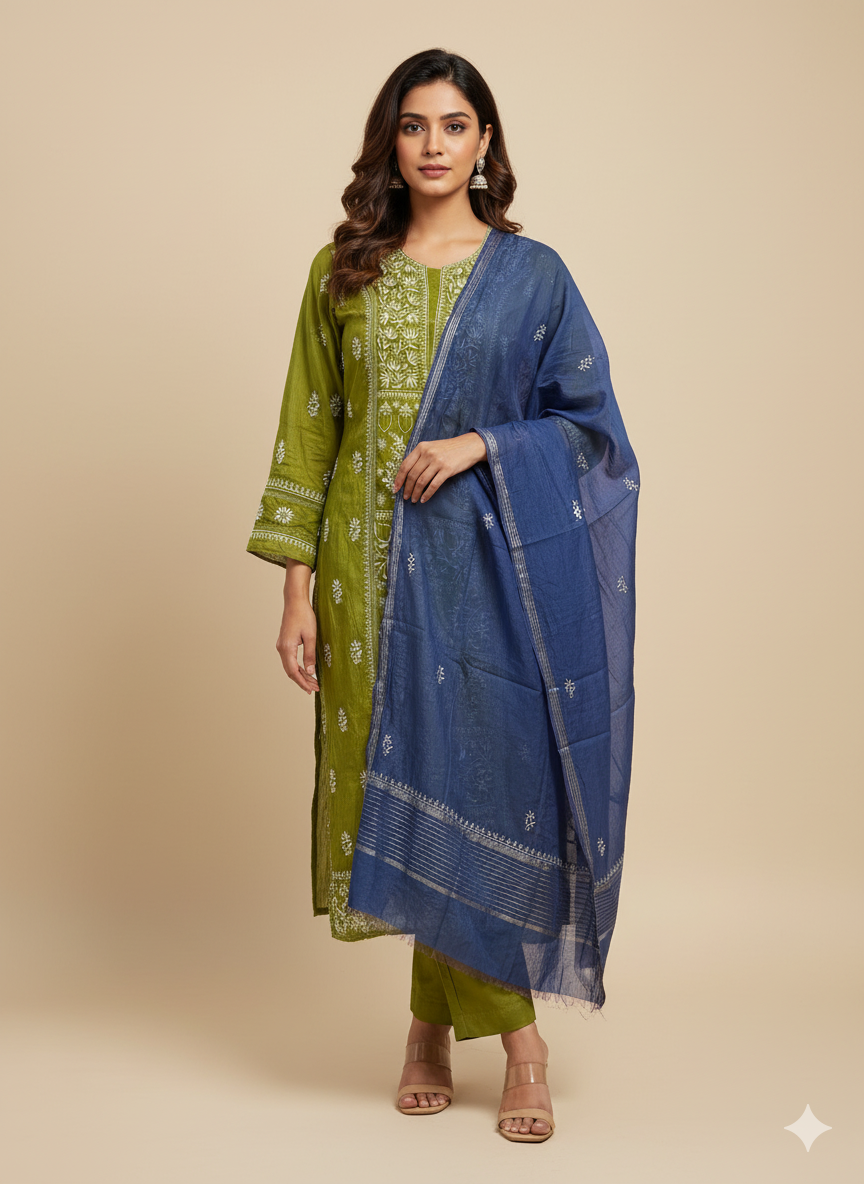 Pure Mal Chanderi Contrast Dupatta set