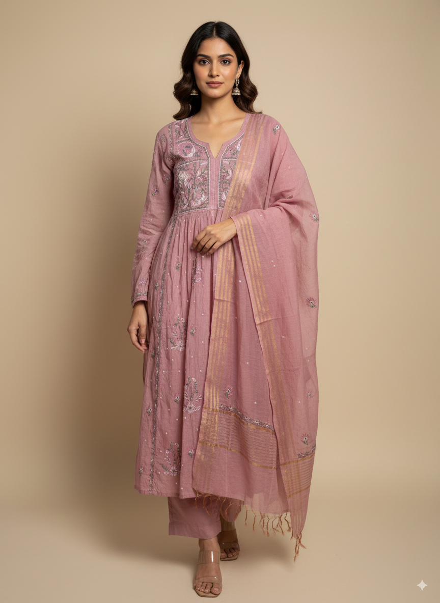 Mul Chanderi kurta with dupatta