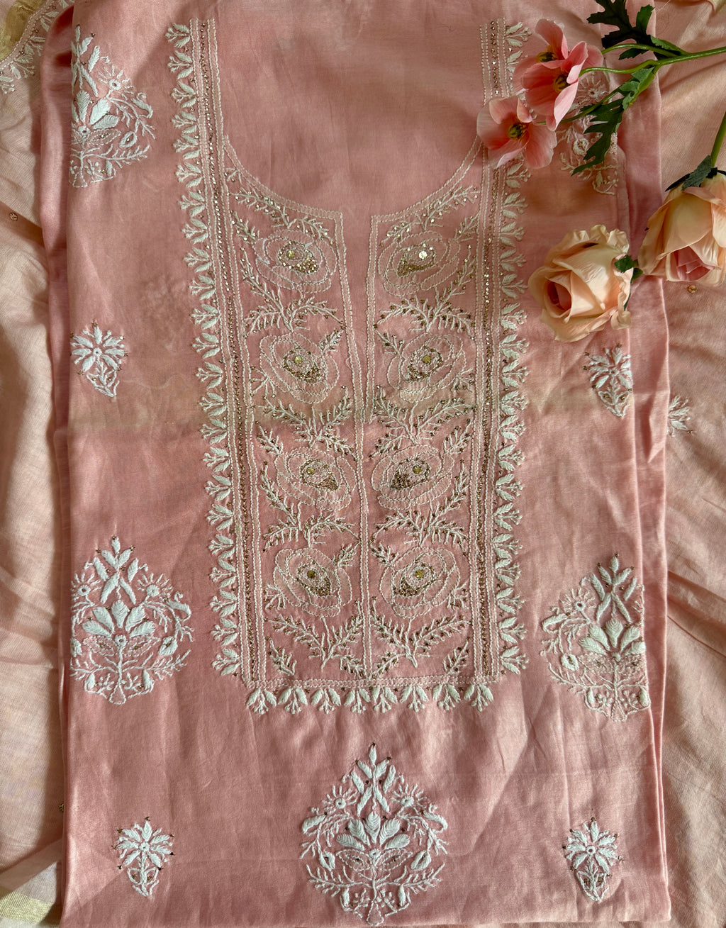 Mul Chanderi Unstitched Suit with Mukaish Work and Dupatta