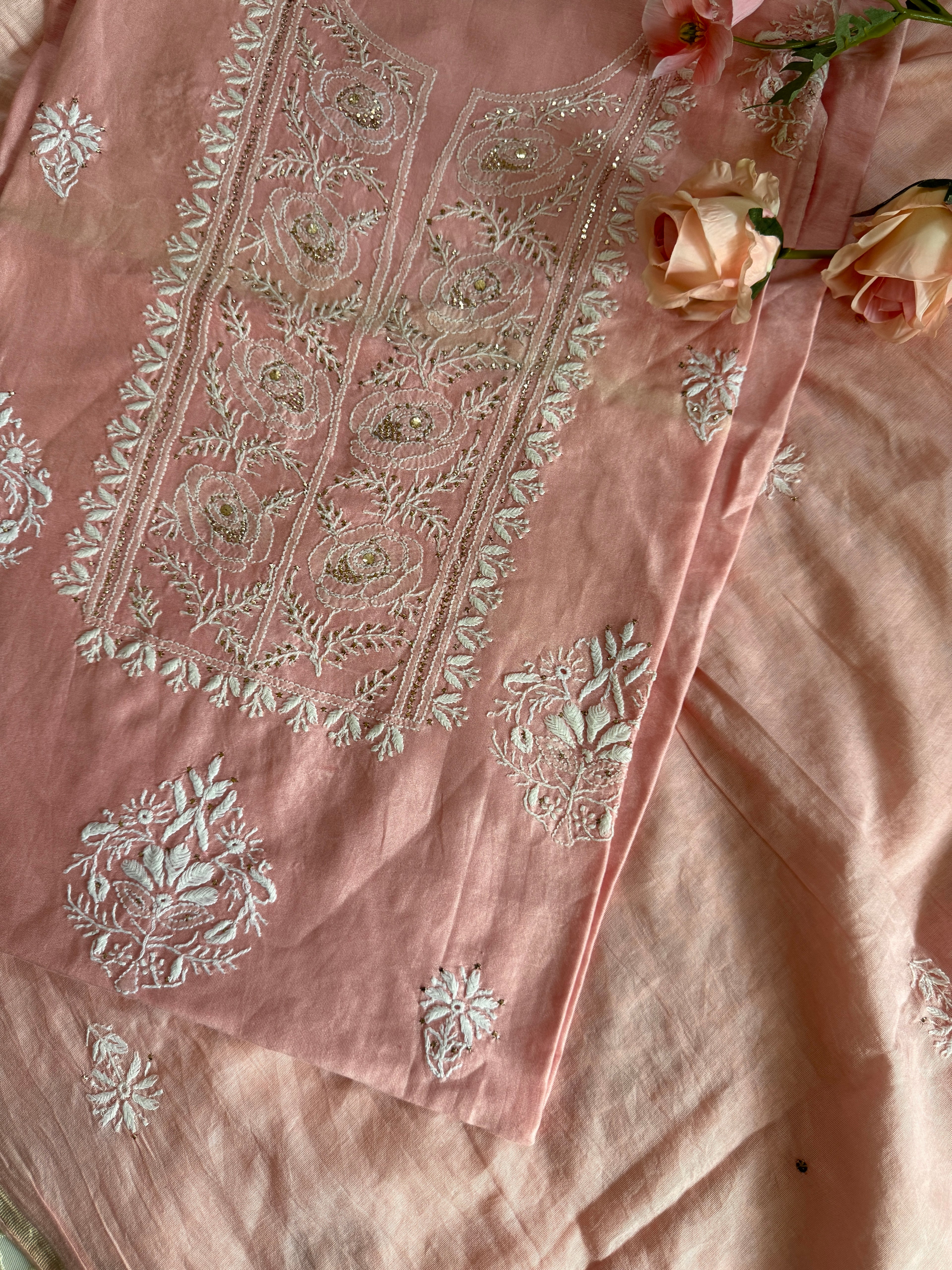 Mul Chanderi Unstitched Suit with Mukaish Work and Dupatta